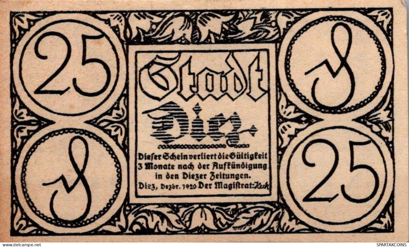 25 PFENNIG 1920 Stadt DIEZ Hesse-Nassau DEUTSCHLAND Notgeld Banknote #PI140 - Lokale Ausgaben