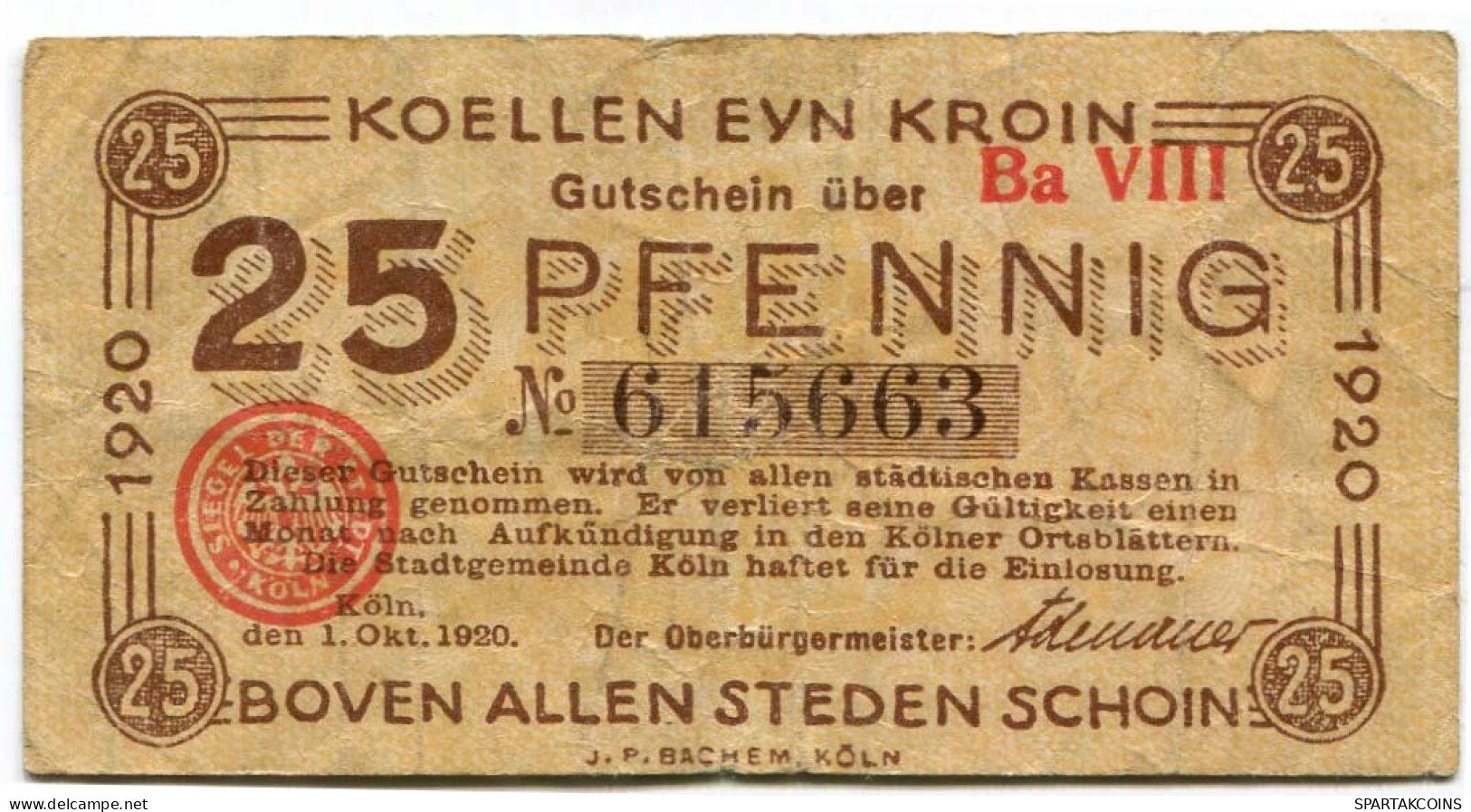 25 PFENNIG 1920 Stadt COLOGNE Rhine DEUTSCHLAND Notgeld Papiergeld Banknote #PL851 - Lokale Ausgaben