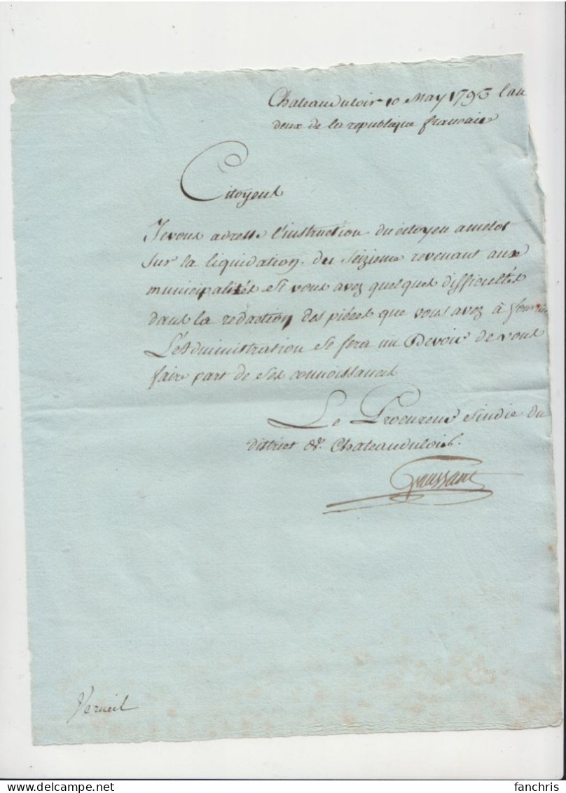 10 Mai 1793- Lettre Envoyée Par Le Procureur Sindic De Chateau Du Loir- Période De La Guerre De Vendée - Manuskripte