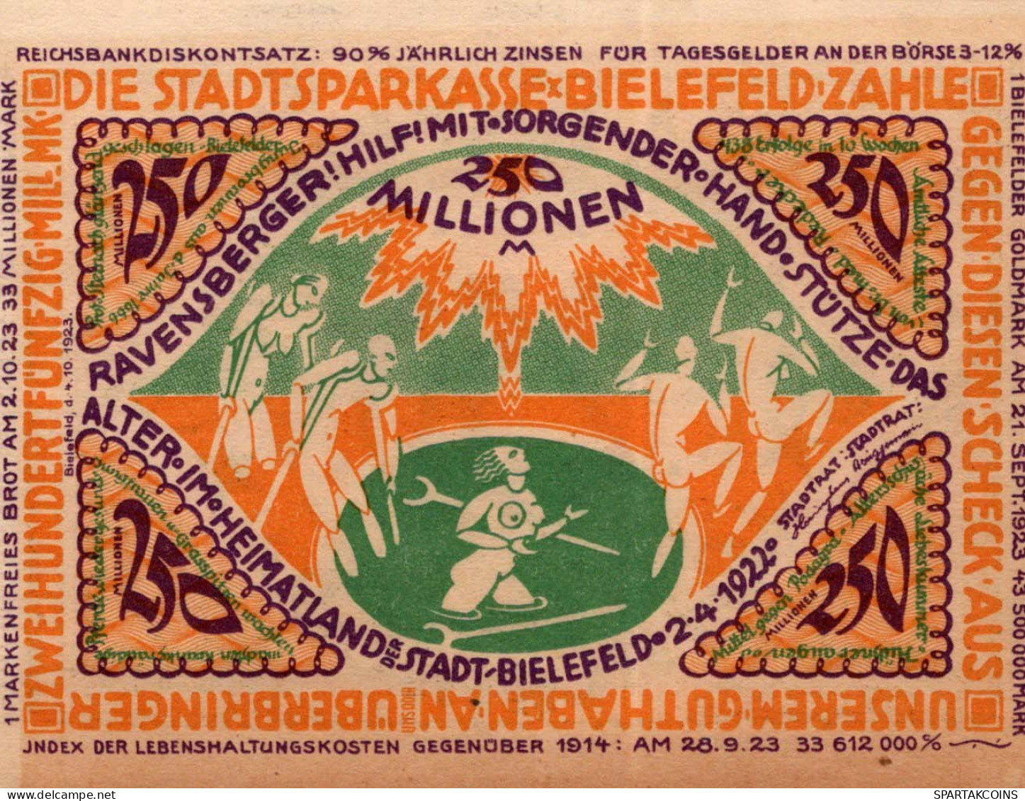 250 MILLIONEN MARK 1922 Stadt BIELEFELD Westphalia UNC DEUTSCHLAND Notgeld Papiergeld Banknote #PK721 - [11] Emissioni Locali