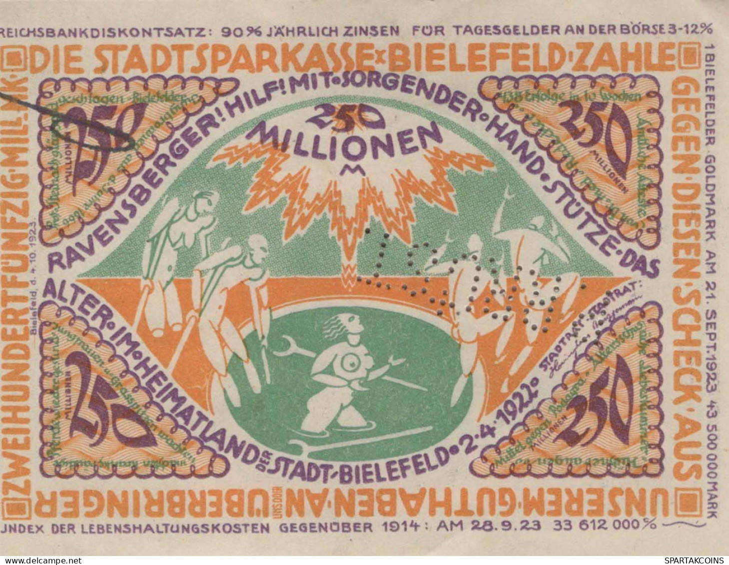 250 MILLIONEN MARK 1922 Stadt BIELEFELD Westphalia UNC DEUTSCHLAND Notgeld #PA610 - [11] Emissioni Locali