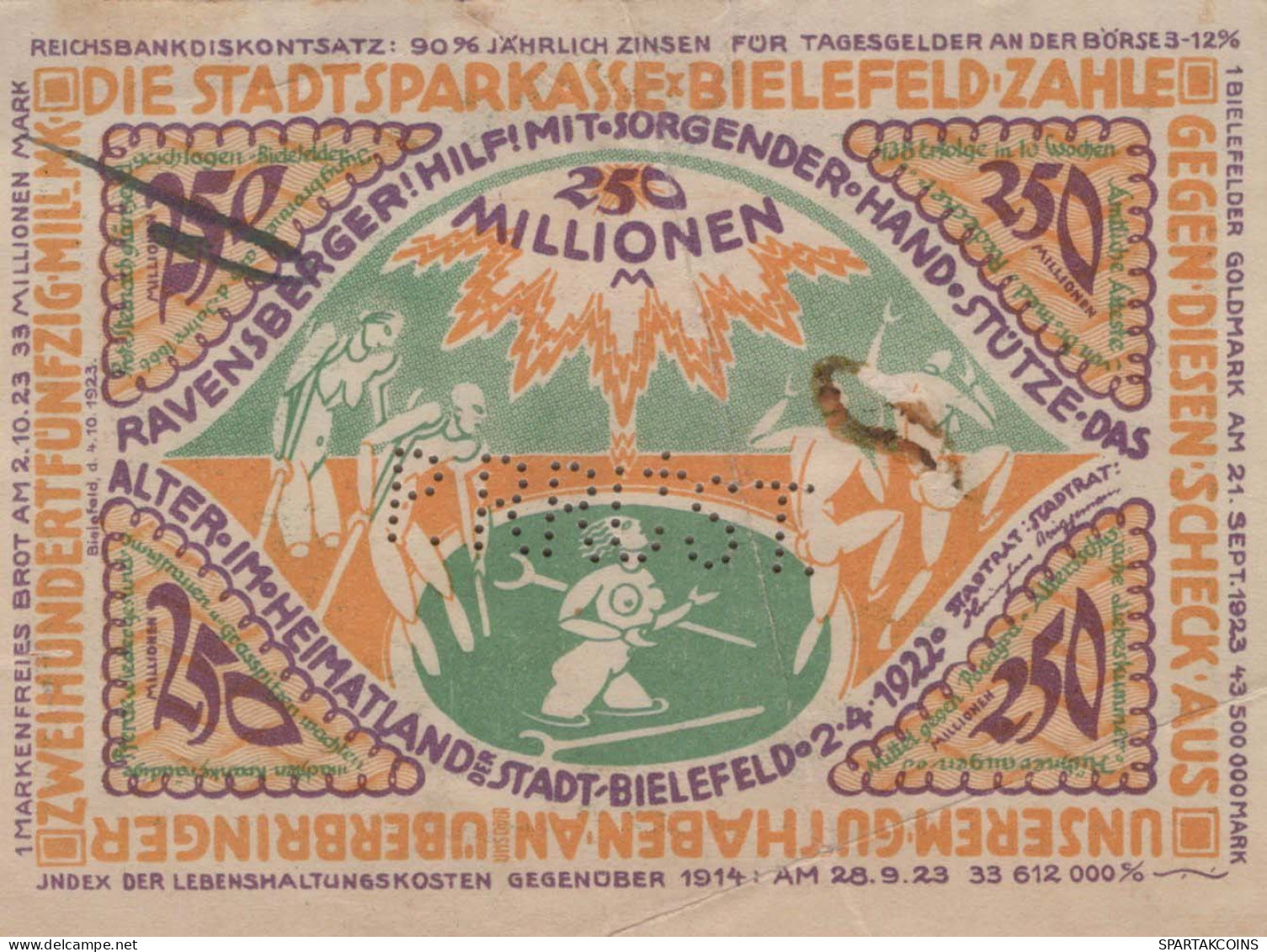 250 MILLIONEN MARK 1922 Stadt BIELEFELD Westphalia DEUTSCHLAND Notgeld Papiergeld Banknote #PK965 - Lokale Ausgaben