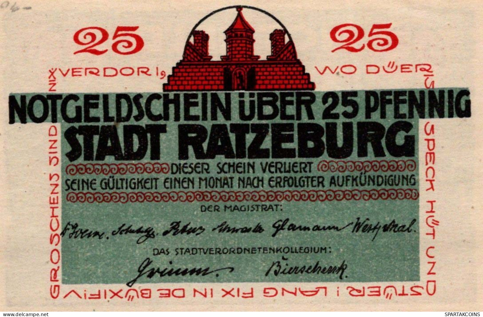 25 PFENNIG Stadt RATZEBURG Schleswig-Holstein DEUTSCHLAND Notgeld #PG167 - Lokale Ausgaben