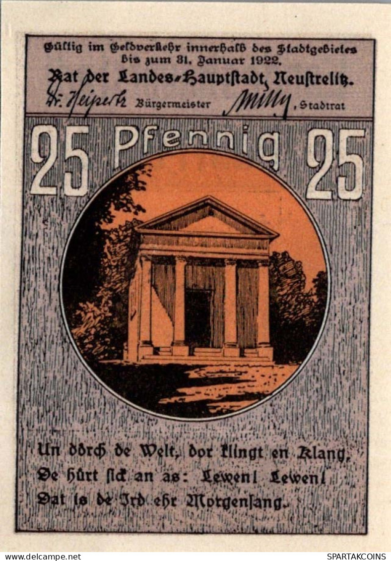 25 PFENNIG 1922 Stadt NEUSTRELITZ Mecklenburg-Strelitz DEUTSCHLAND #PJ157 - [11] Local Banknote Issues