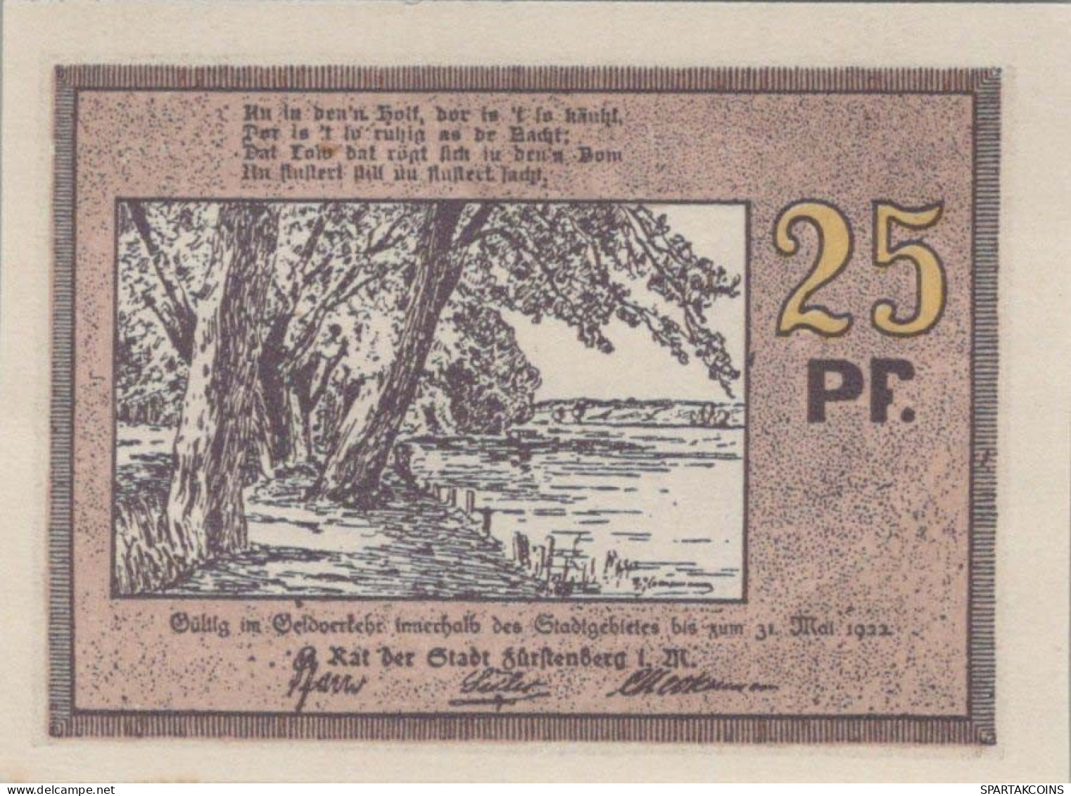 25 PFENNIG 1922 Stadt FÜRSTENBERG IN MECKLENBURG UNC DEUTSCHLAND #PH167 - [11] Local Banknote Issues