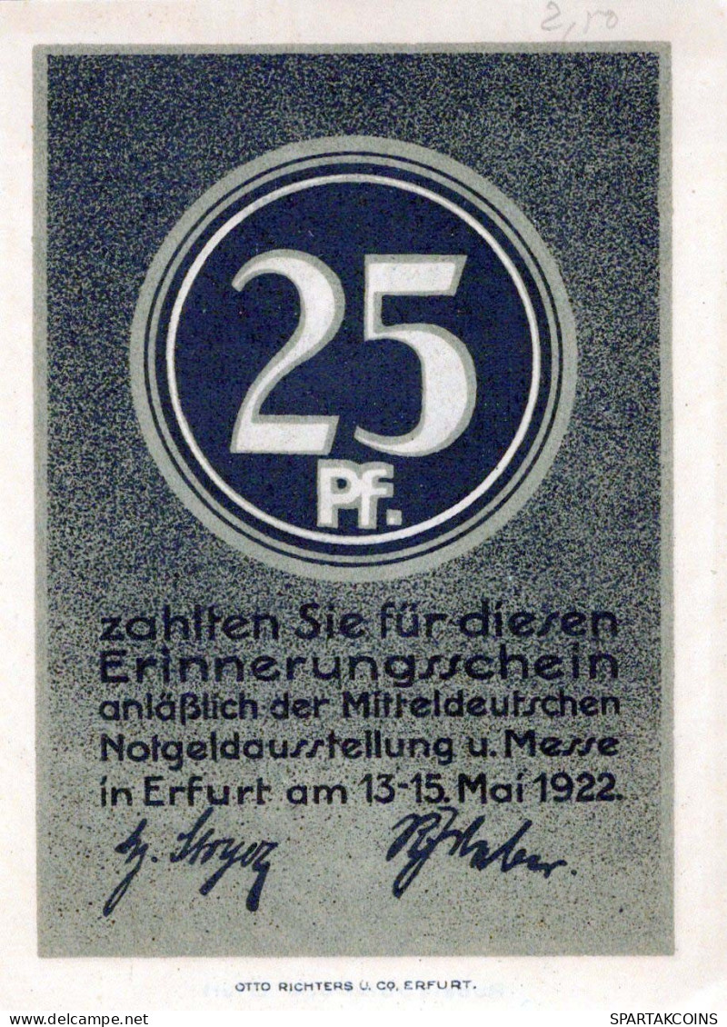 25 PFENNIG 1922 Stadt ERFURT Saxony UNC DEUTSCHLAND Notgeld Banknote #PB311 - [11] Local Banknote Issues