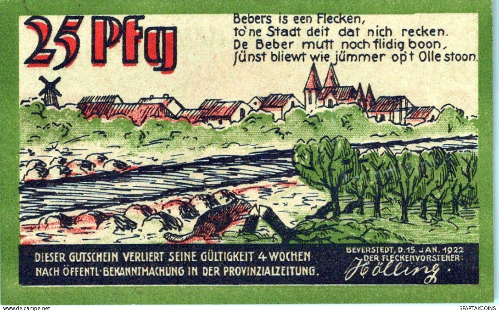 25 PFENNIG 1922 Stadt BEVERSTEDT Hanover UNC DEUTSCHLAND Notgeld Banknote #PI498 - [11] Emissions Locales