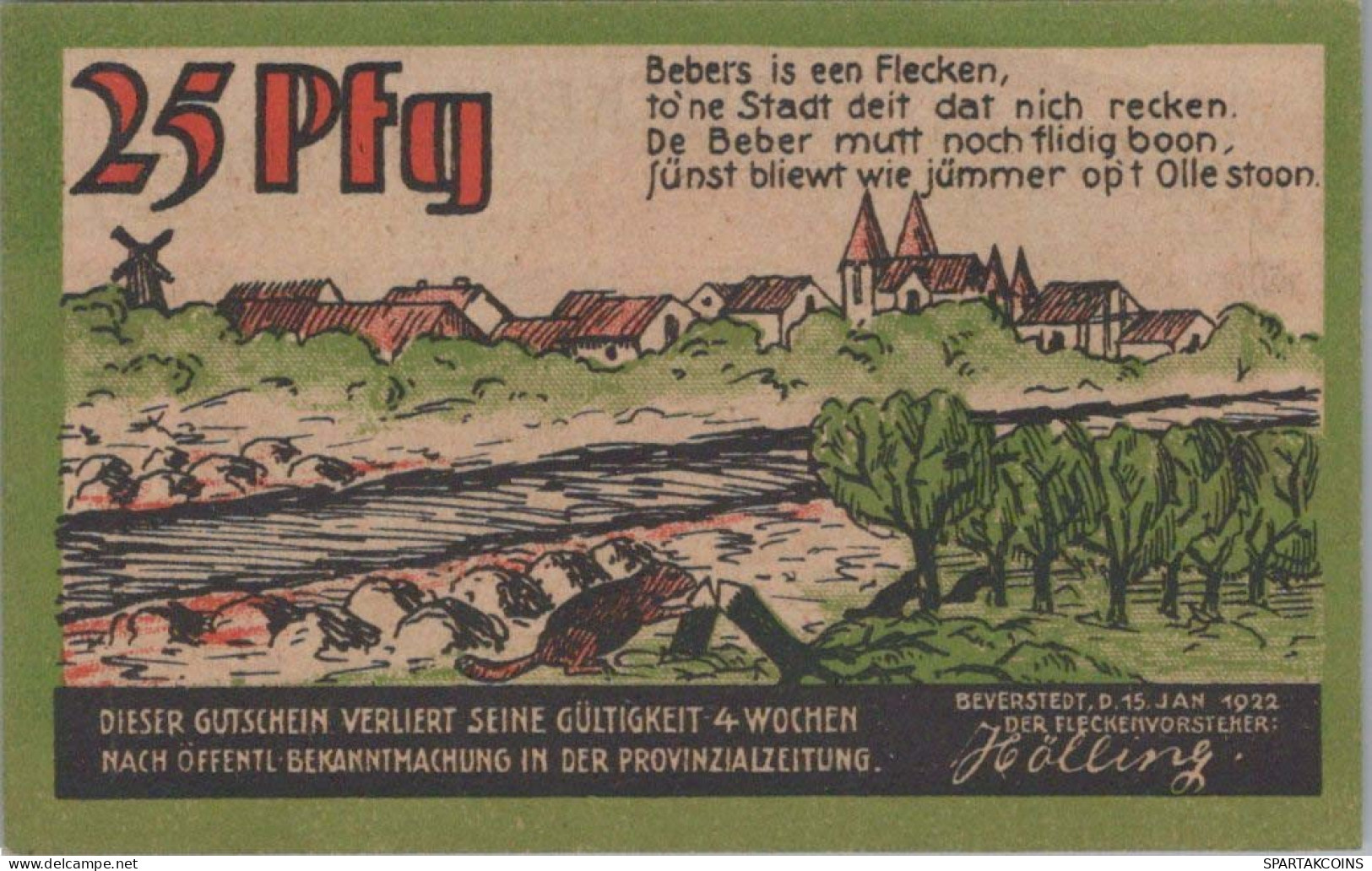 25 PFENNIG 1922 Stadt BEVERSTEDT Hanover DEUTSCHLAND Notgeld Banknote #PF810 - [11] Emissions Locales