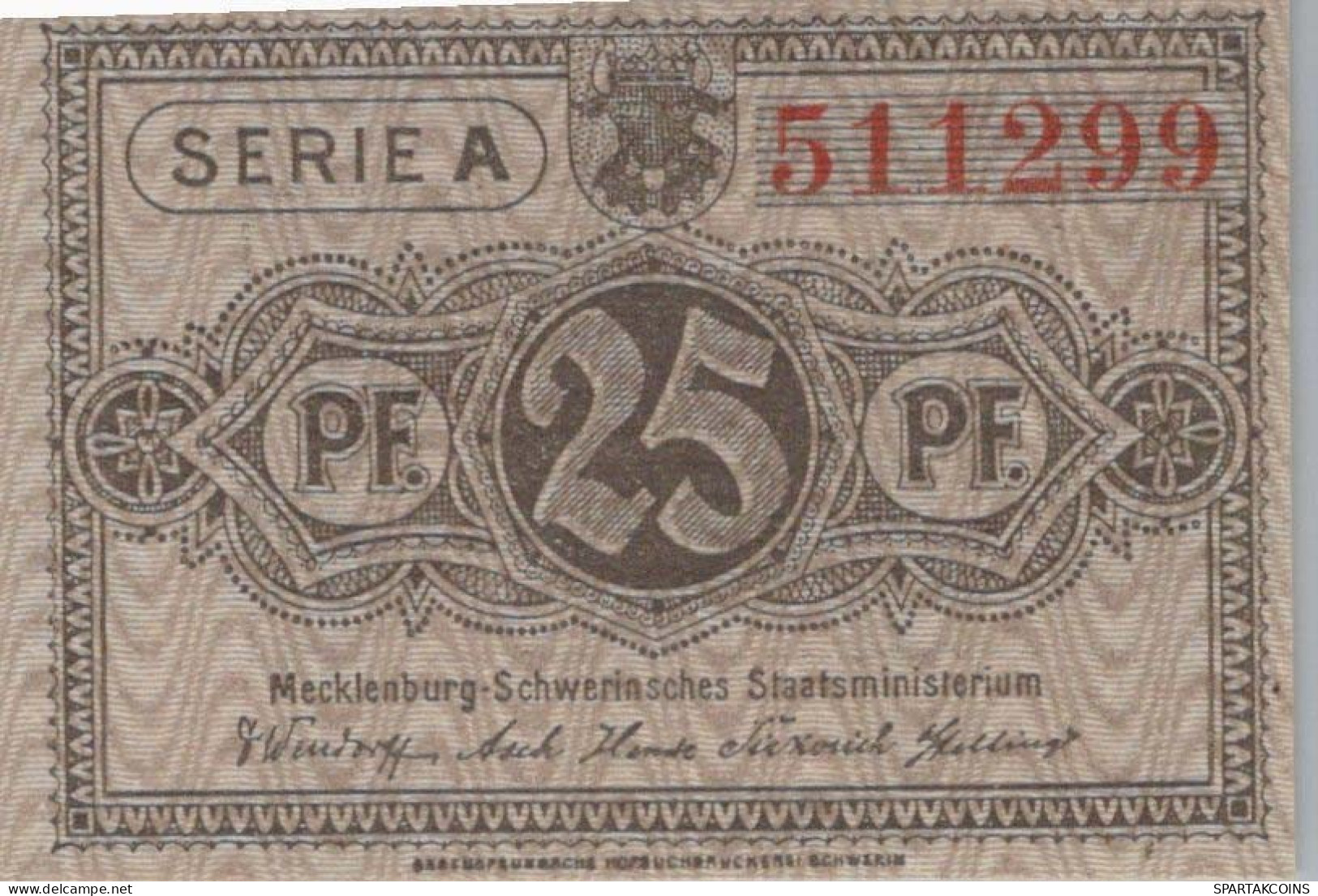 25 PFENNIG 1922 MECKLENBURG-SCHWERIN Mecklenburg-Schwerin DEUTSCHLAND #PF692 - [11] Local Banknote Issues