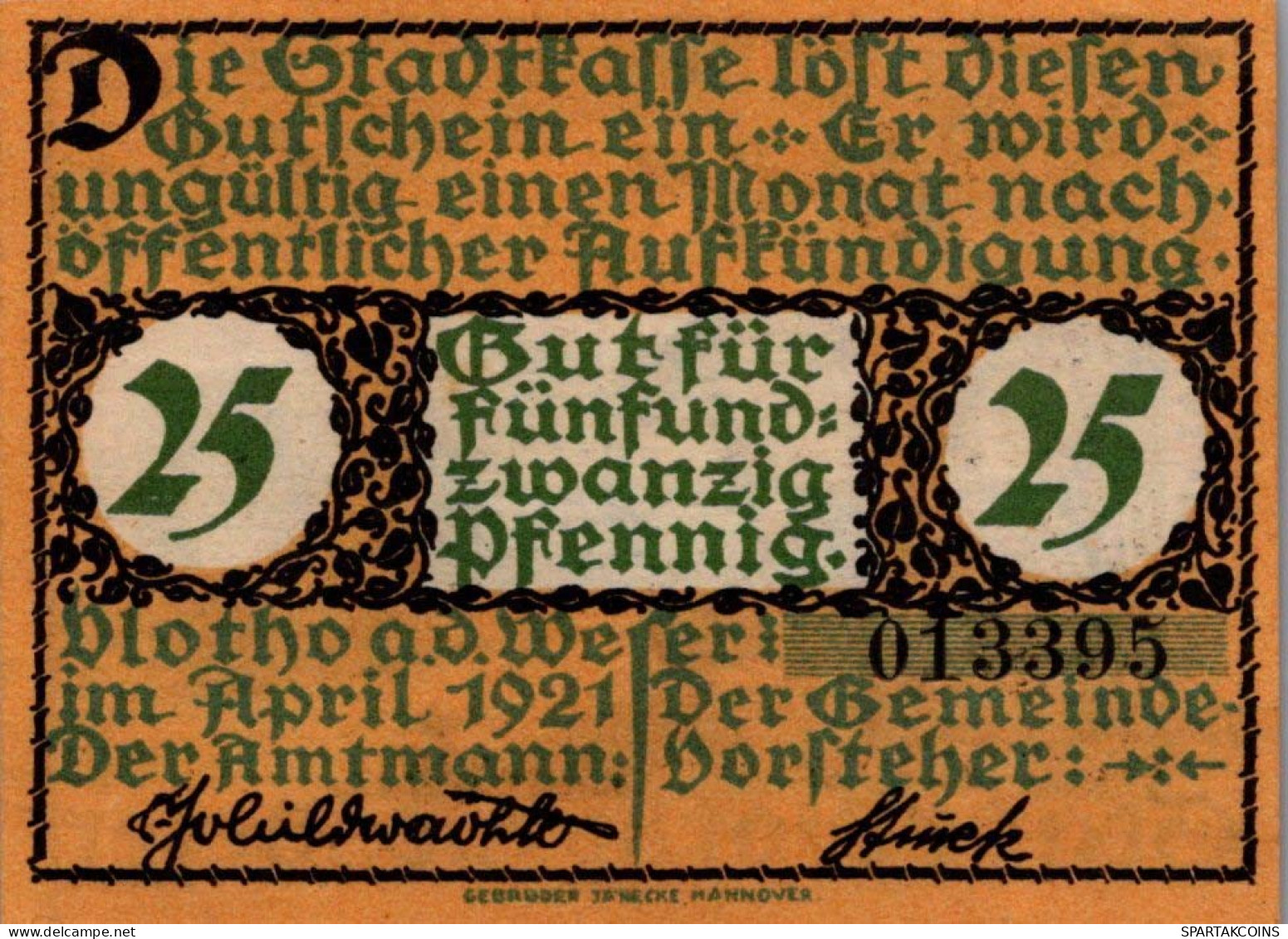 25 PFENNIG 1921 Stadt VLOTHO Westphalia DEUTSCHLAND Notgeld Banknote #PG320 - [11] Local Banknote Issues