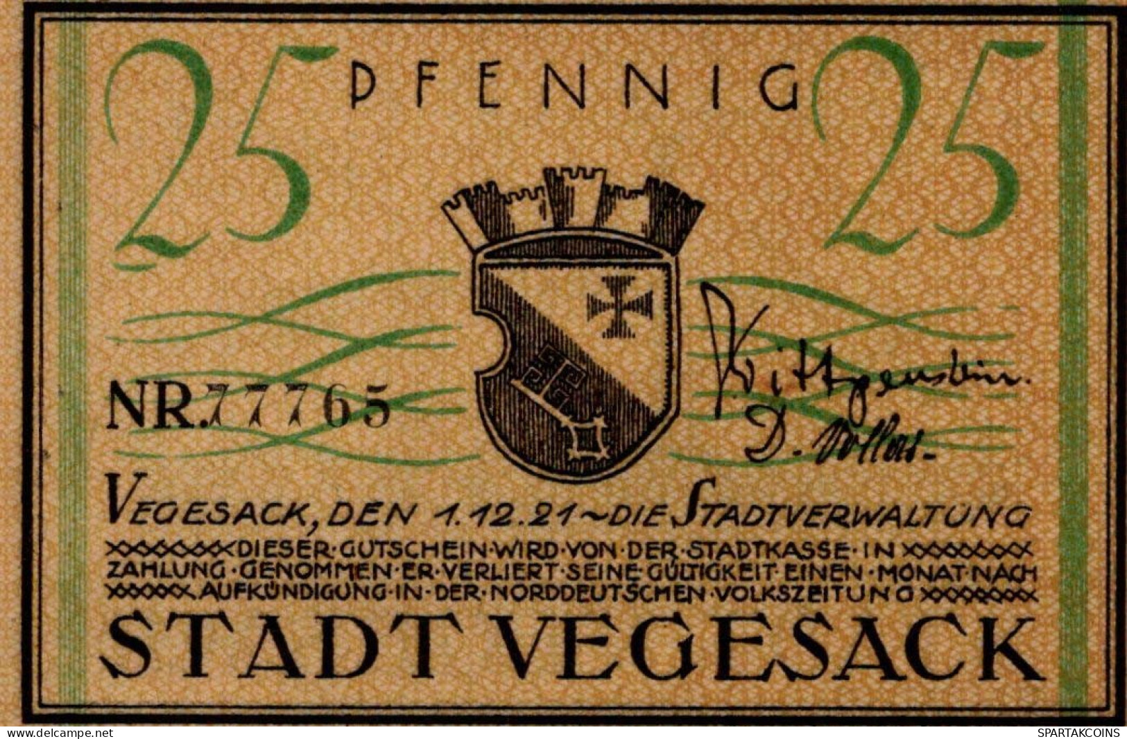 25 PFENNIG 1921 Stadt VEGESACK Bremen UNC DEUTSCHLAND Notgeld Banknote #PH348 - [11] Emissions Locales