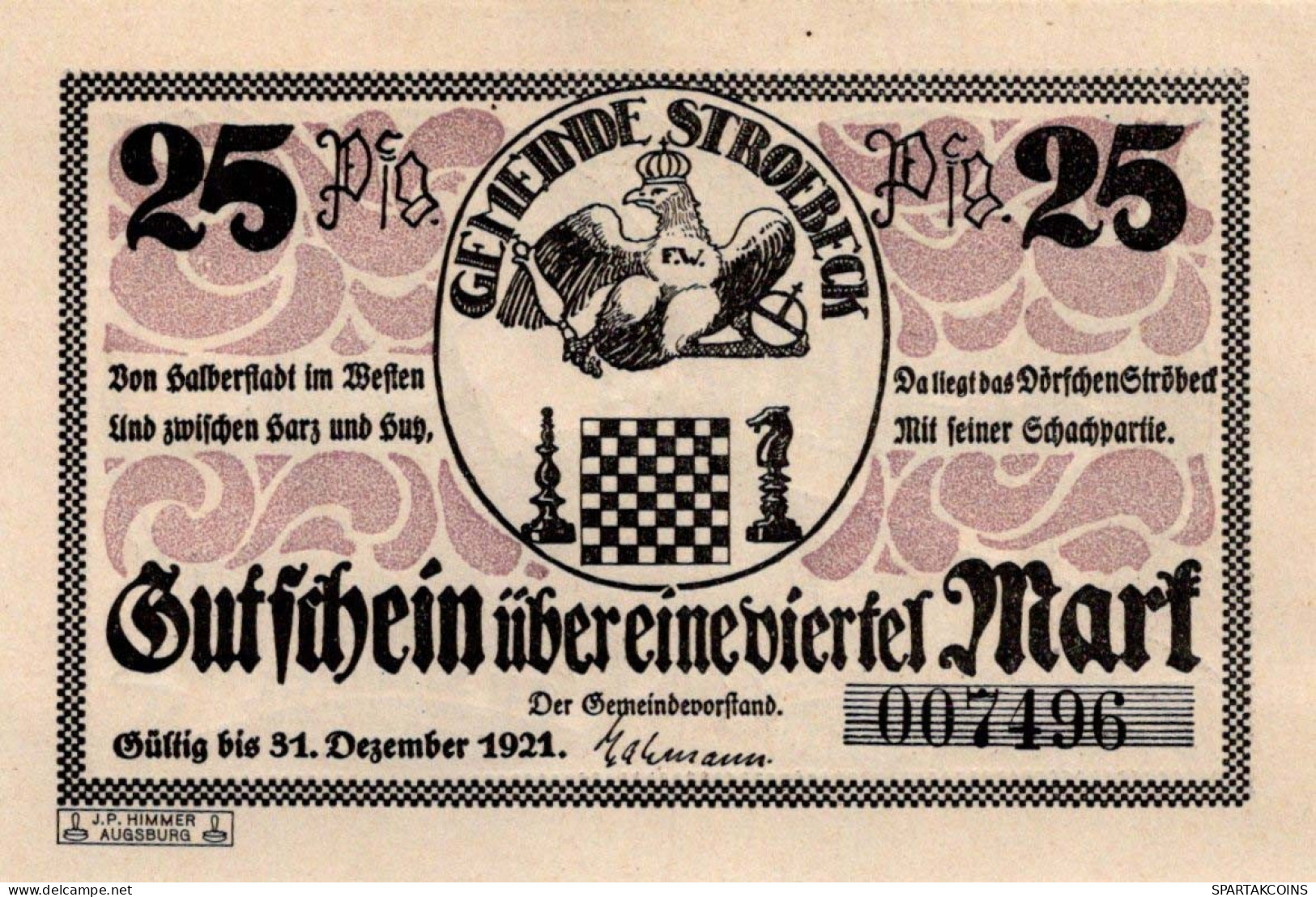 25 PFENNIG 1921 Stadt STRoBECK Saxony DEUTSCHLAND Notgeld Banknote #PD506 - Lokale Ausgaben