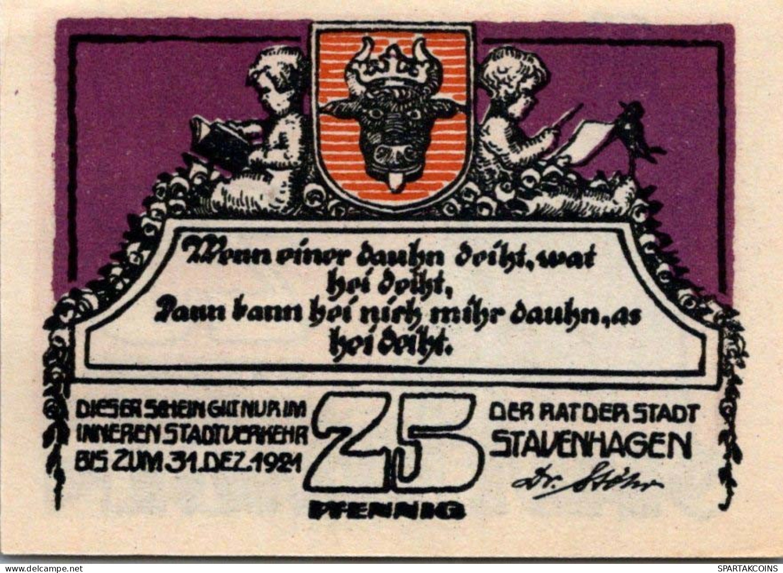 25 PFENNIG 1921 Stadt STAVENHAGEN Mecklenburg-Schwerin UNC DEUTSCHLAND #PI590 - [11] Emissions Locales