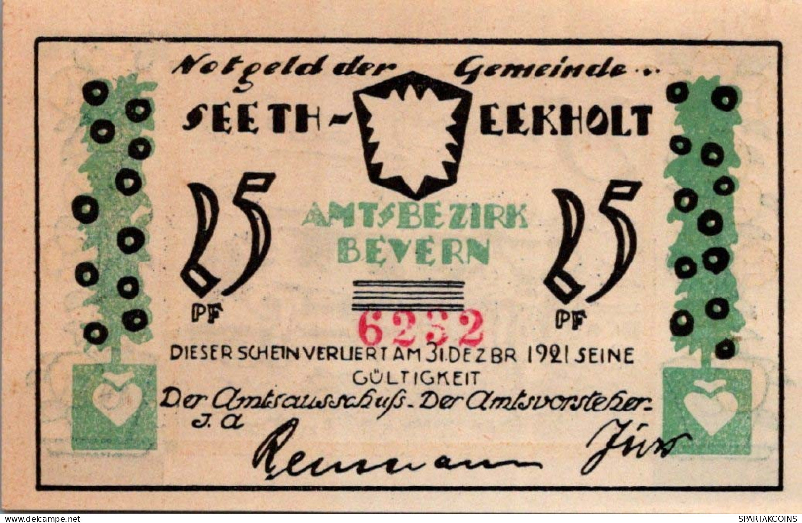 25 PFENNIG 1921 Stadt SEETH-EKHOLT Schleswig-Holstein DEUTSCHLAND Notgeld #PF463 - Lokale Ausgaben