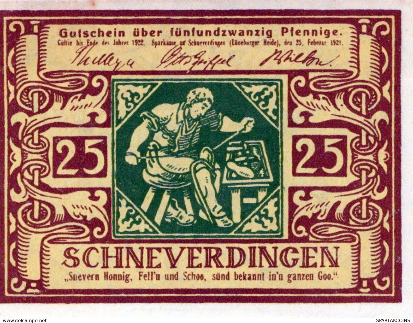 25 PFENNIG 1921 Stadt SCHNEVERDINGEN Hanover DEUTSCHLAND Notgeld Banknote #PF931 - [11] Emissions Locales