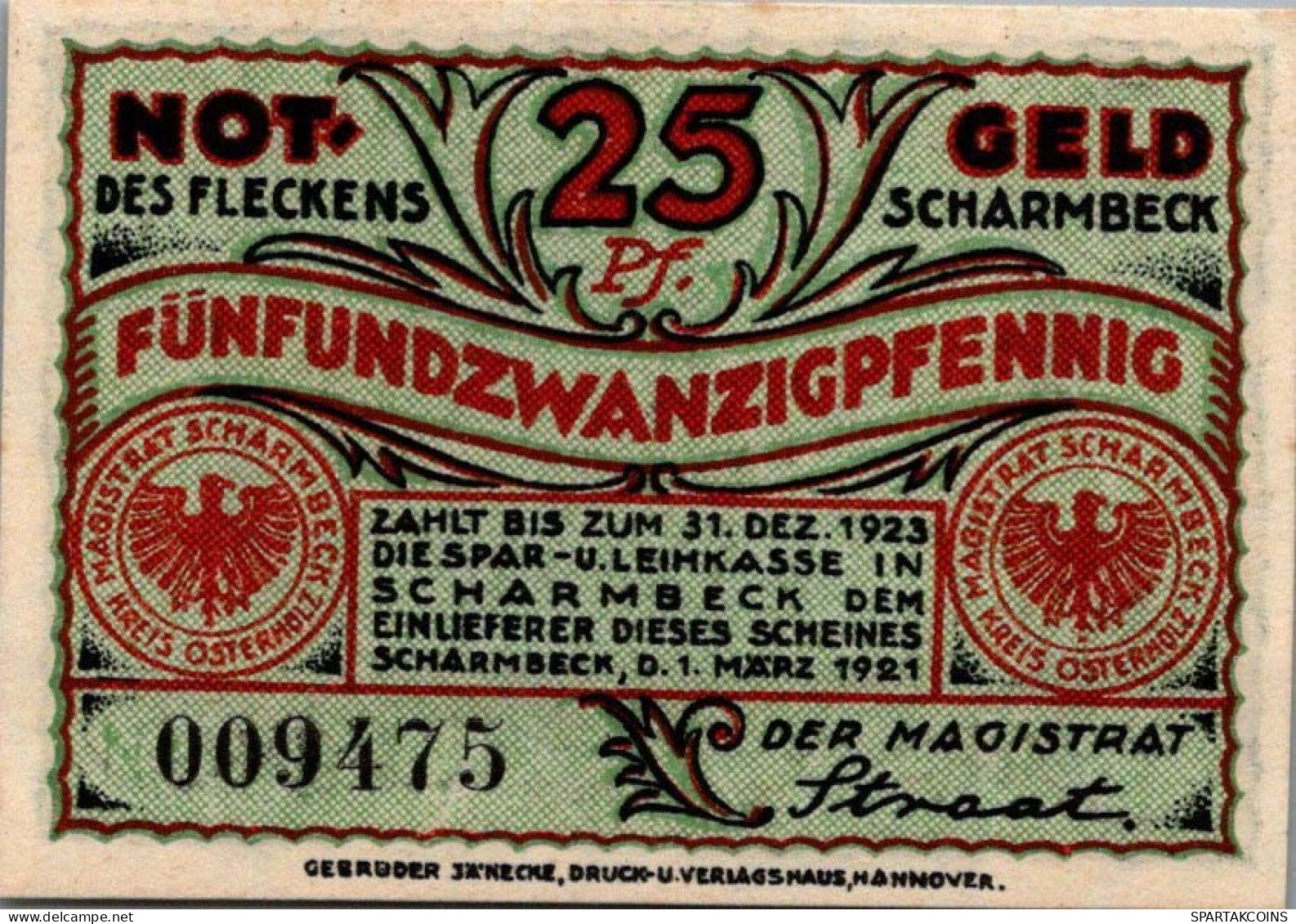 25 PFENNIG 1921 Stadt SCHARMBECK Hanover UNC DEUTSCHLAND Notgeld Banknote #PH839 - [11] Emissions Locales