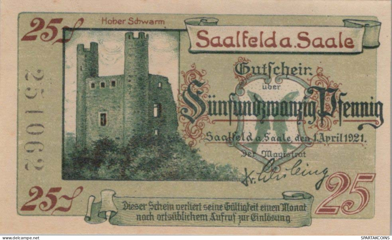 25 PFENNIG 1921 Stadt SAALFELD Thuringia UNC DEUTSCHLAND Notgeld Banknote #PI976 - [11] Emissions Locales
