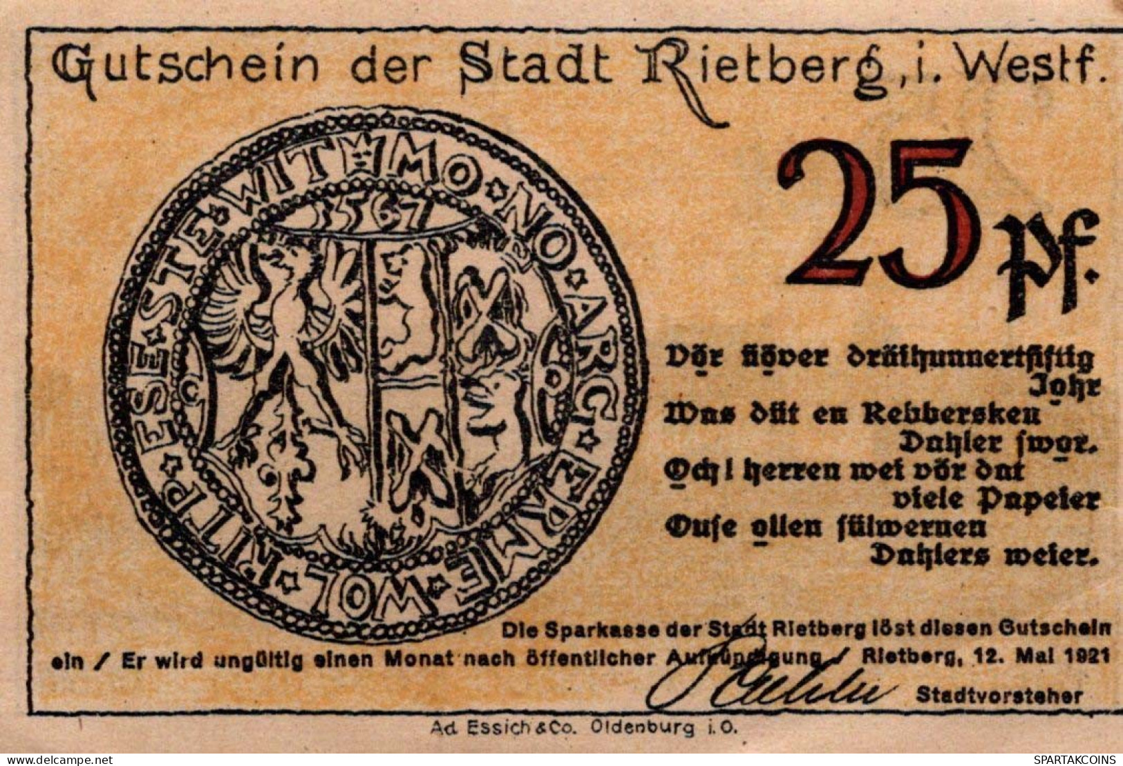 25 PFENNIG 1921 Stadt RIETBERG Westphalia UNC DEUTSCHLAND Notgeld #PC353 - Lokale Ausgaben