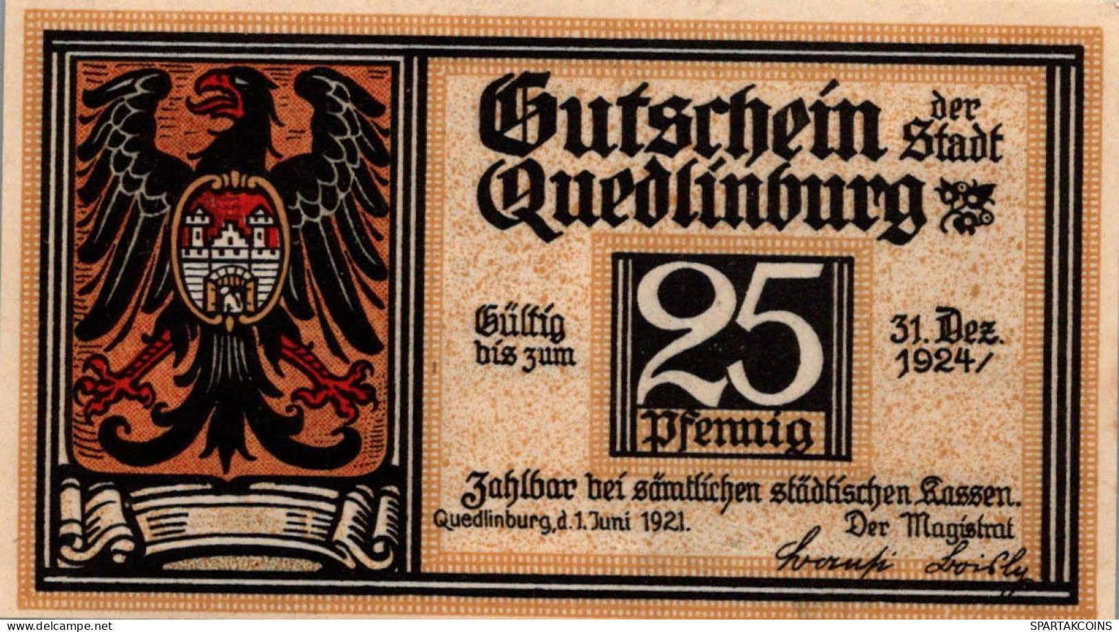 25 PFENNIG 1921 Stadt QUEDLINBURG Saxony UNC DEUTSCHLAND Notgeld Banknote #PB808 - [11] Emissions Locales