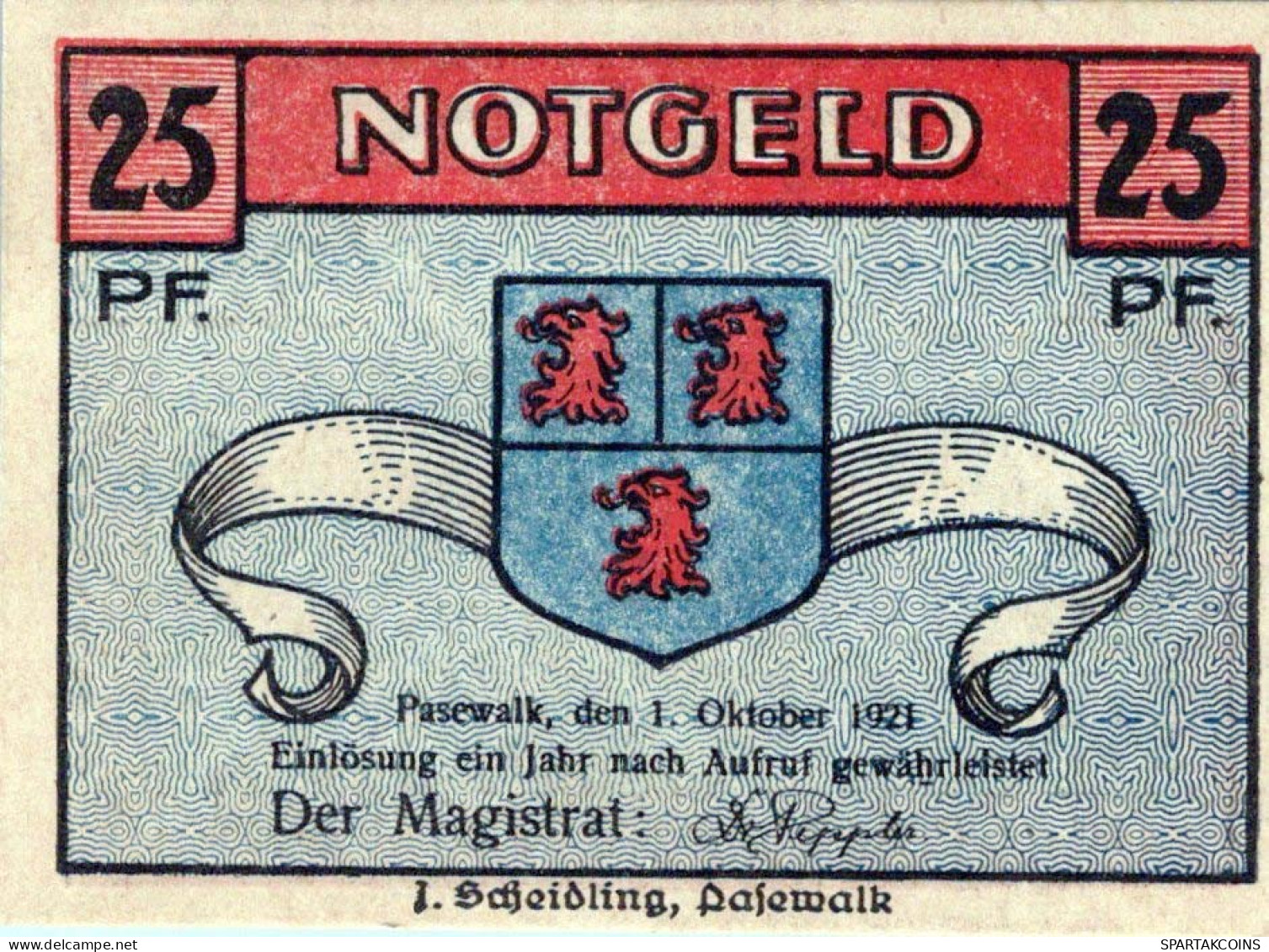 25 PFENNIG 1921 Stadt PASEWALK Pomerania UNC DEUTSCHLAND Notgeld Banknote #PB483 - [11] Emissions Locales