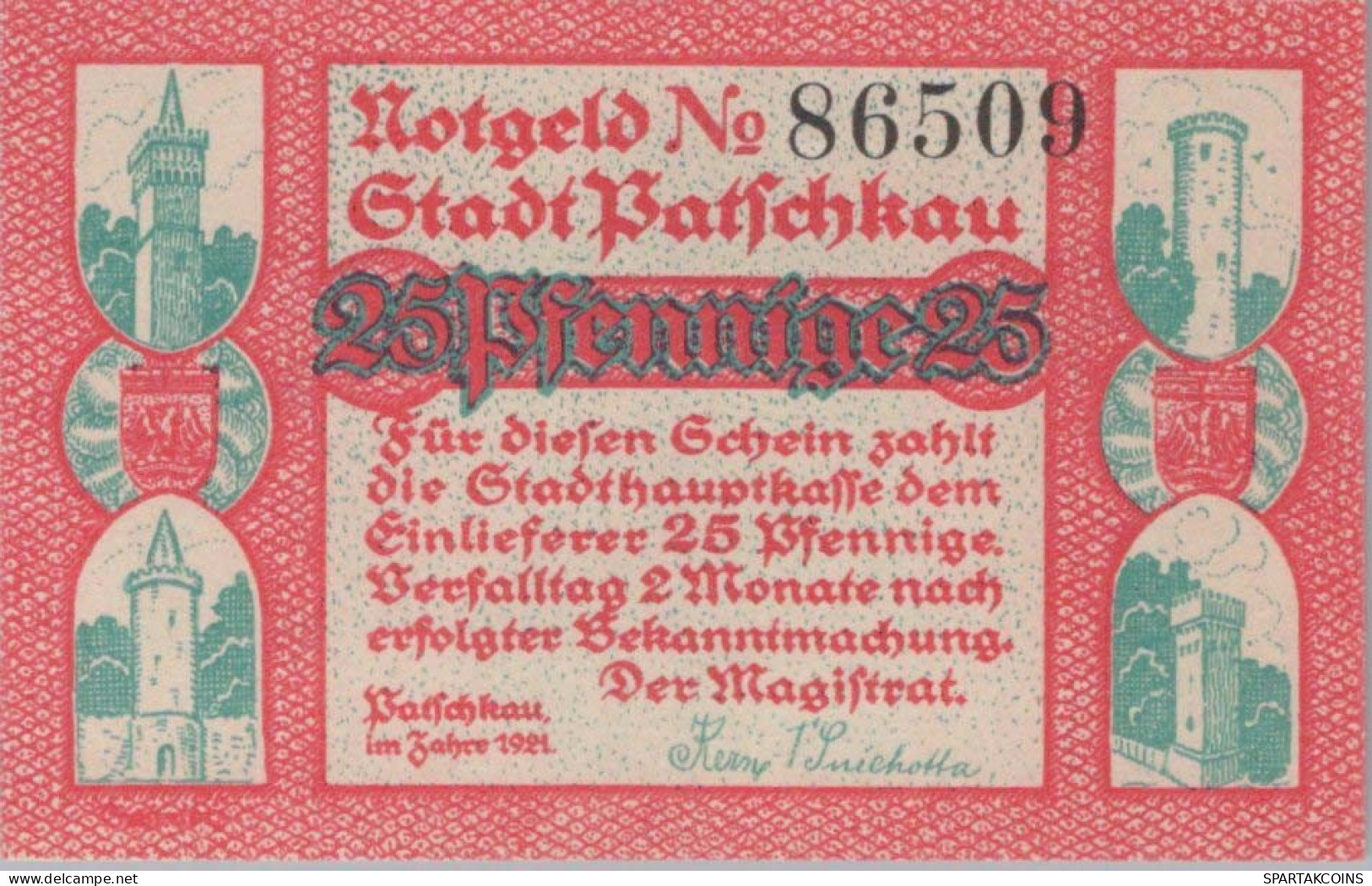 25 PFENNIG 1921 Stadt PATSCHKAU Oberen Silesia DEUTSCHLAND Notgeld #PD545 - [11] Emissions Locales