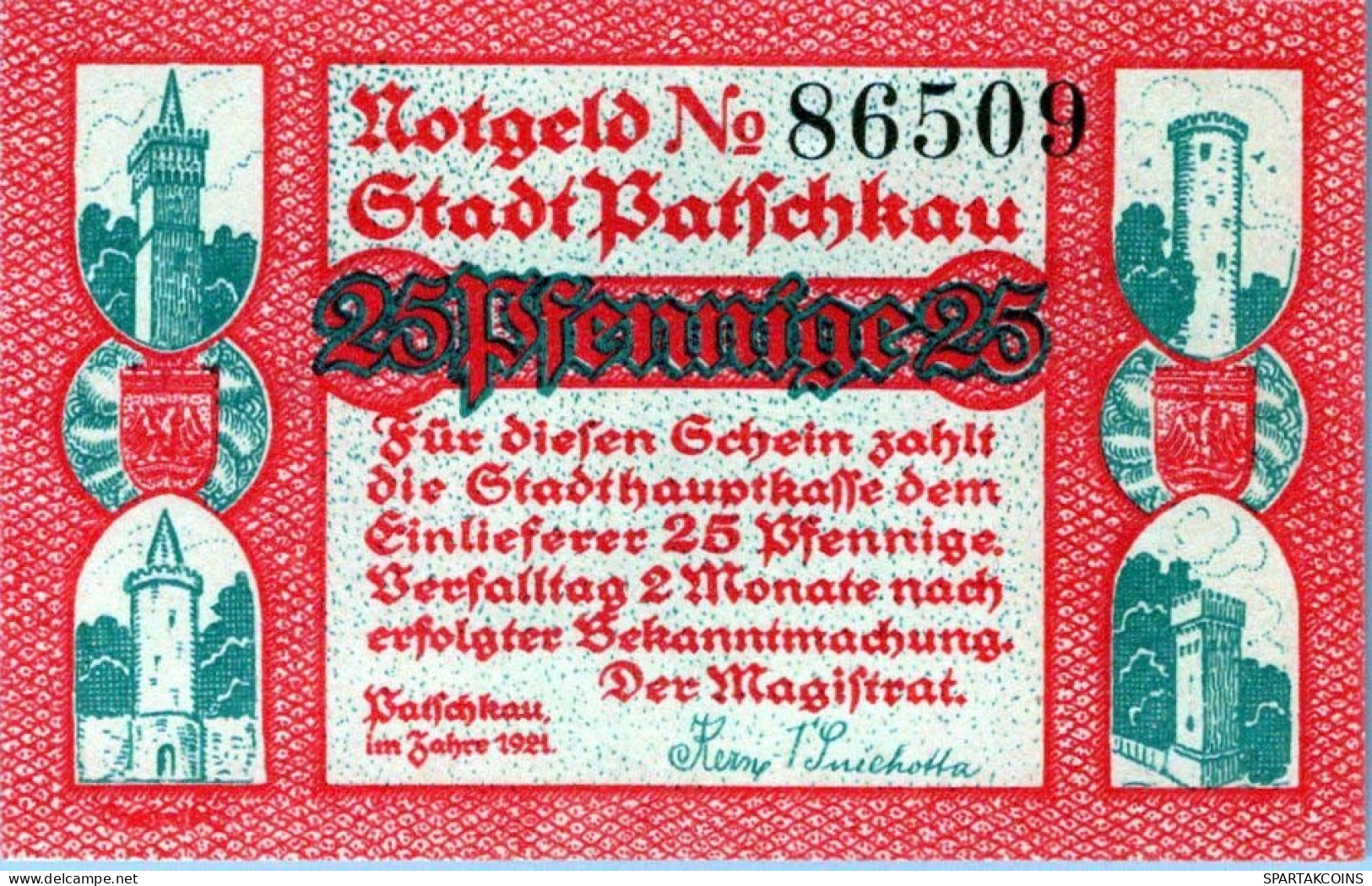 25 PFENNIG 1921 Stadt PATSCHKAU Oberen Silesia DEUTSCHLAND Notgeld #PD545 - Lokale Ausgaben