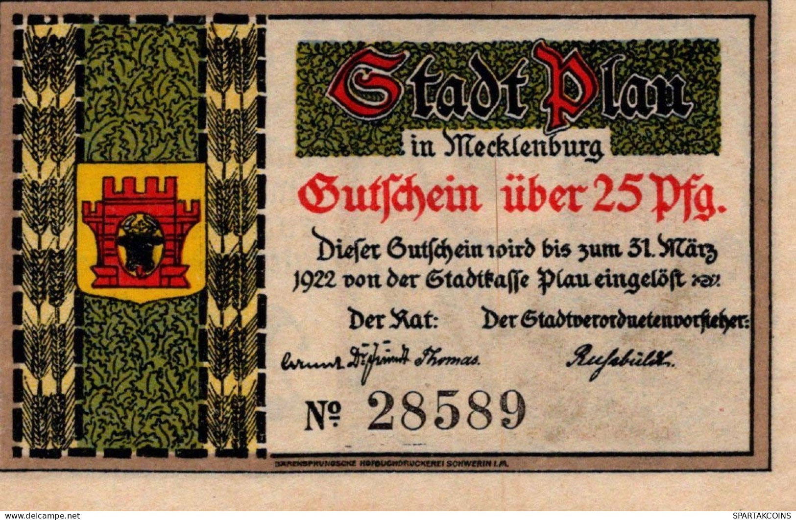 25 PFENNIG 1921 Stadt PLAU Mecklenburg-Schwerin UNC DEUTSCHLAND Notgeld #PB538 - [11] Emissions Locales