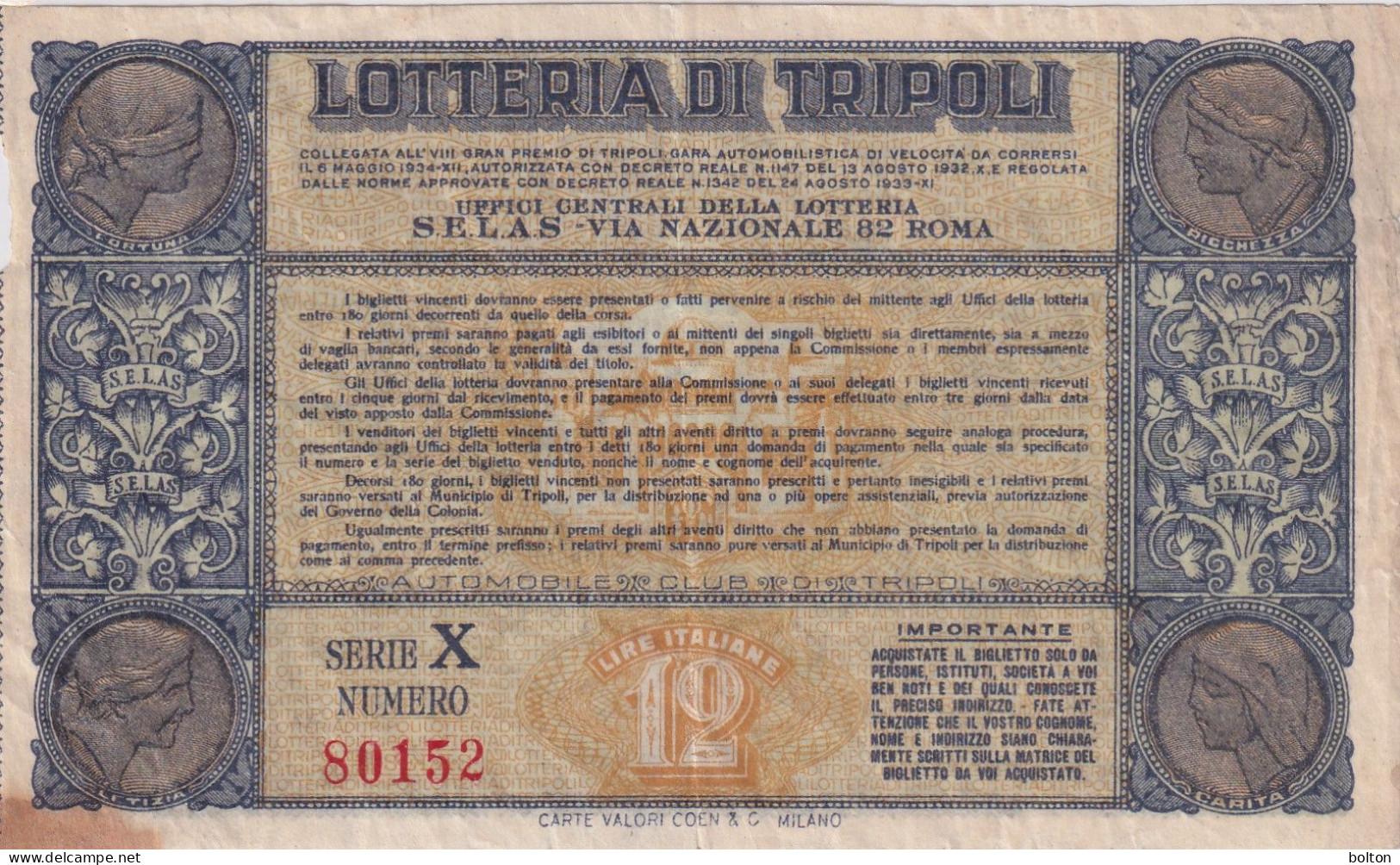 1934  Biglietto Della Lotteria AUTOMOBILISTICA DI TRIPOLI In Perfette Condizioni - Cars