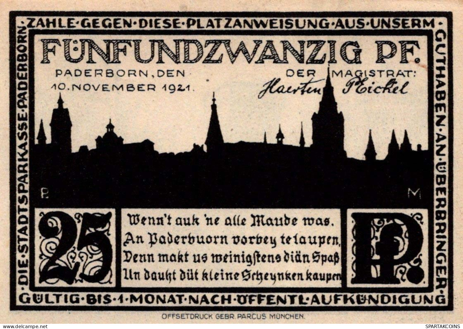 25 PFENNIG 1921 Stadt PADERBORN Westphalia UNC DEUTSCHLAND Notgeld #PI882 - [11] Emissions Locales