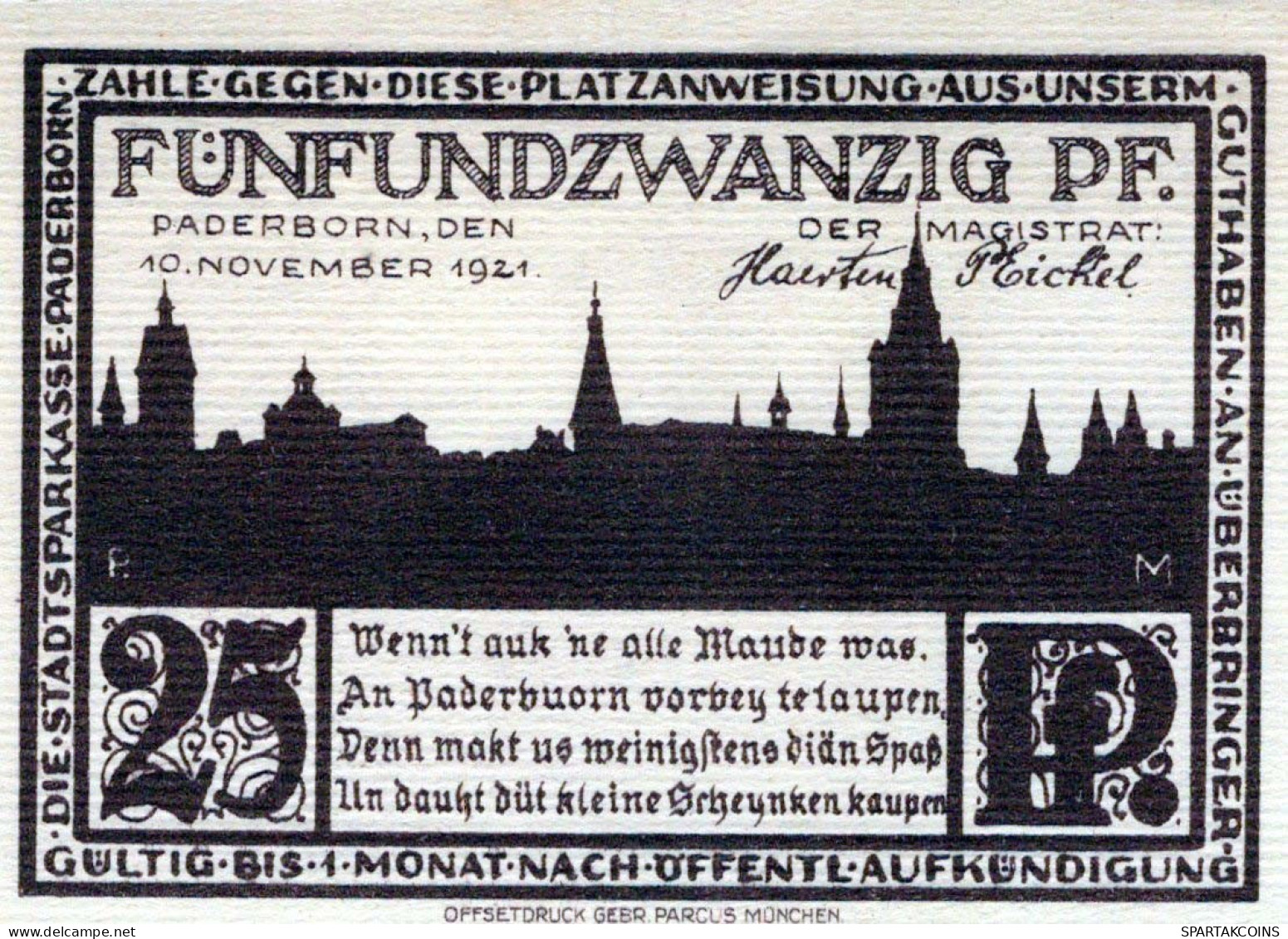 25 PFENNIG 1921 Stadt PADERBORN Westphalia DEUTSCHLAND Notgeld Banknote #PF461 - [11] Emissions Locales