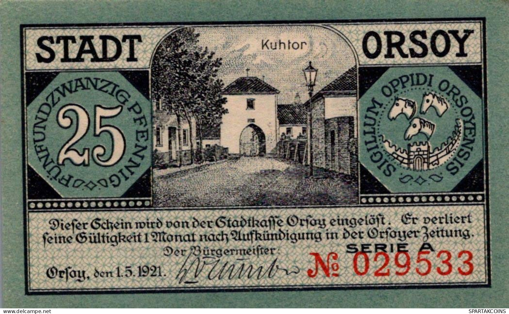 25 PFENNIG 1921 Stadt ORSOY Rhine UNC DEUTSCHLAND Notgeld Banknote #PH203 - [11] Emissioni Locali