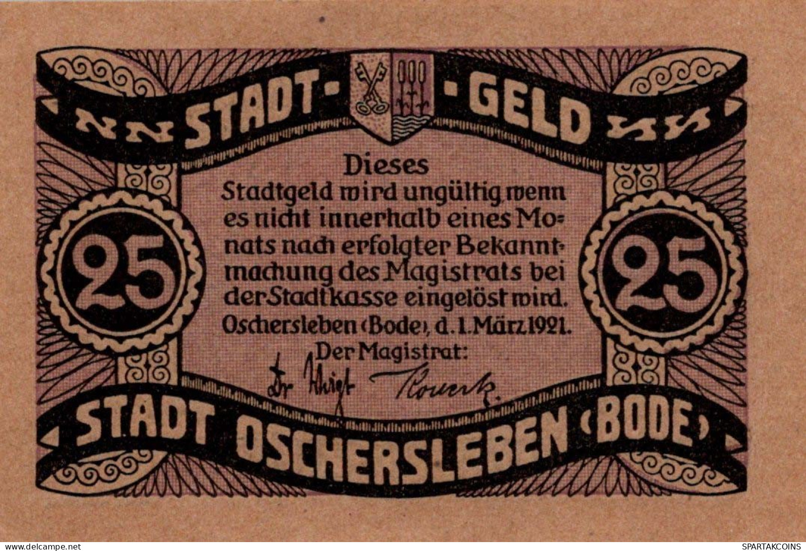 25 PFENNIG 1921 Stadt OSCHERSLEBEN Saxony DEUTSCHLAND Notgeld Banknote #PJ109 - [11] Emissions Locales