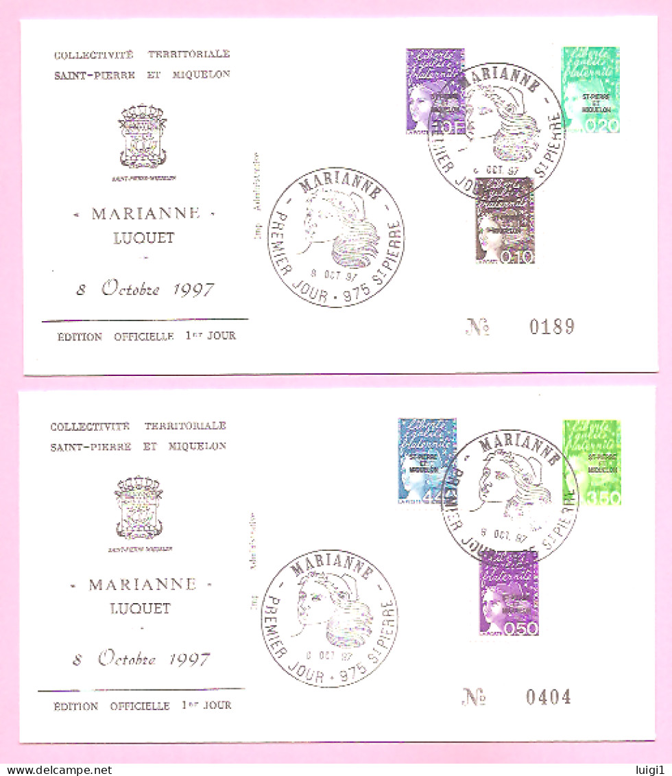 LUQUET LA POSTE 1997. Surchargés SPM.  2 FDC Y&T N° 656 à 661. Edition Officielle 1er Jour Du 8 OCT. 1997.  TB. - FDC