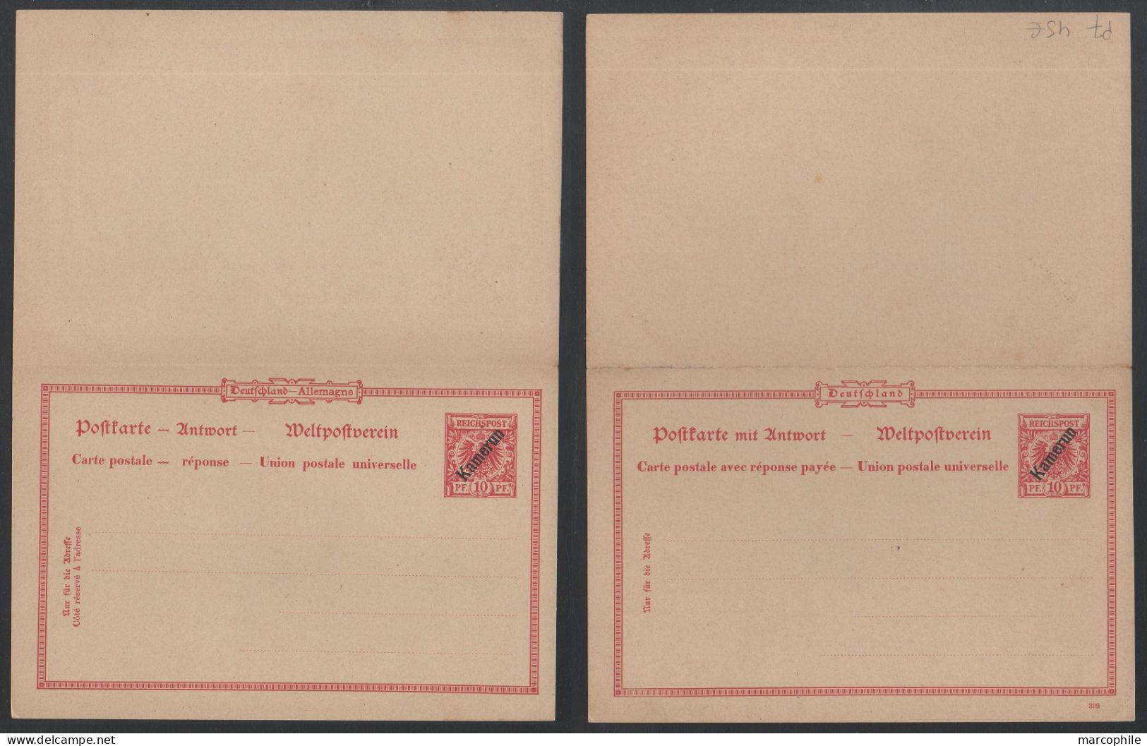 KAMERUN - CAMEROUN / 1898 # P7 DOPPEL GSK MIT DRUCKDATUM OHNE BUCHSTABE - ENTIER POSTAL DOUBLE AVEC DATE / KW 45.00 EURO - Camerún