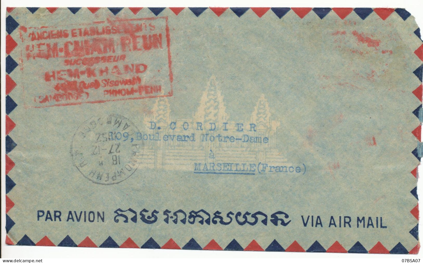 CAMBODGE ENV 1952 PHNOMPENH LETTRE AVION => MARSEILLE - Cambodja