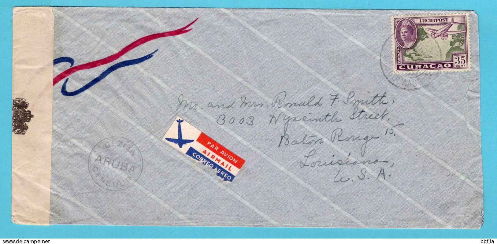 CURAÇAO Luchtpost Censuur Brief 1944 St Nicolaas, Aruba Naar Louisiana, USA - Curaçao, Antilles Neérlandaises, Aruba