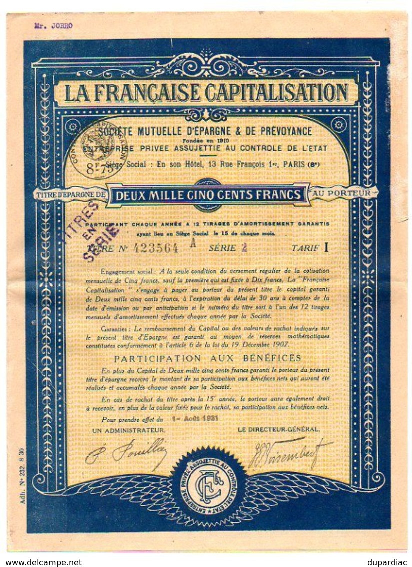 Epargne Et Prévoyance : LA FRANCAISE CAPITALISATION, Timbres Cotisations, Papier Timbré à 8 F 75. - Unclassified