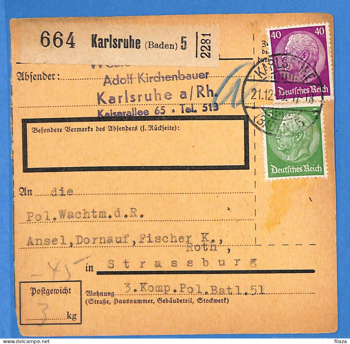 Allemagne Reich 1940 - Carte Postale De Karlsruhe - G33501 - Briefe U. Dokumente