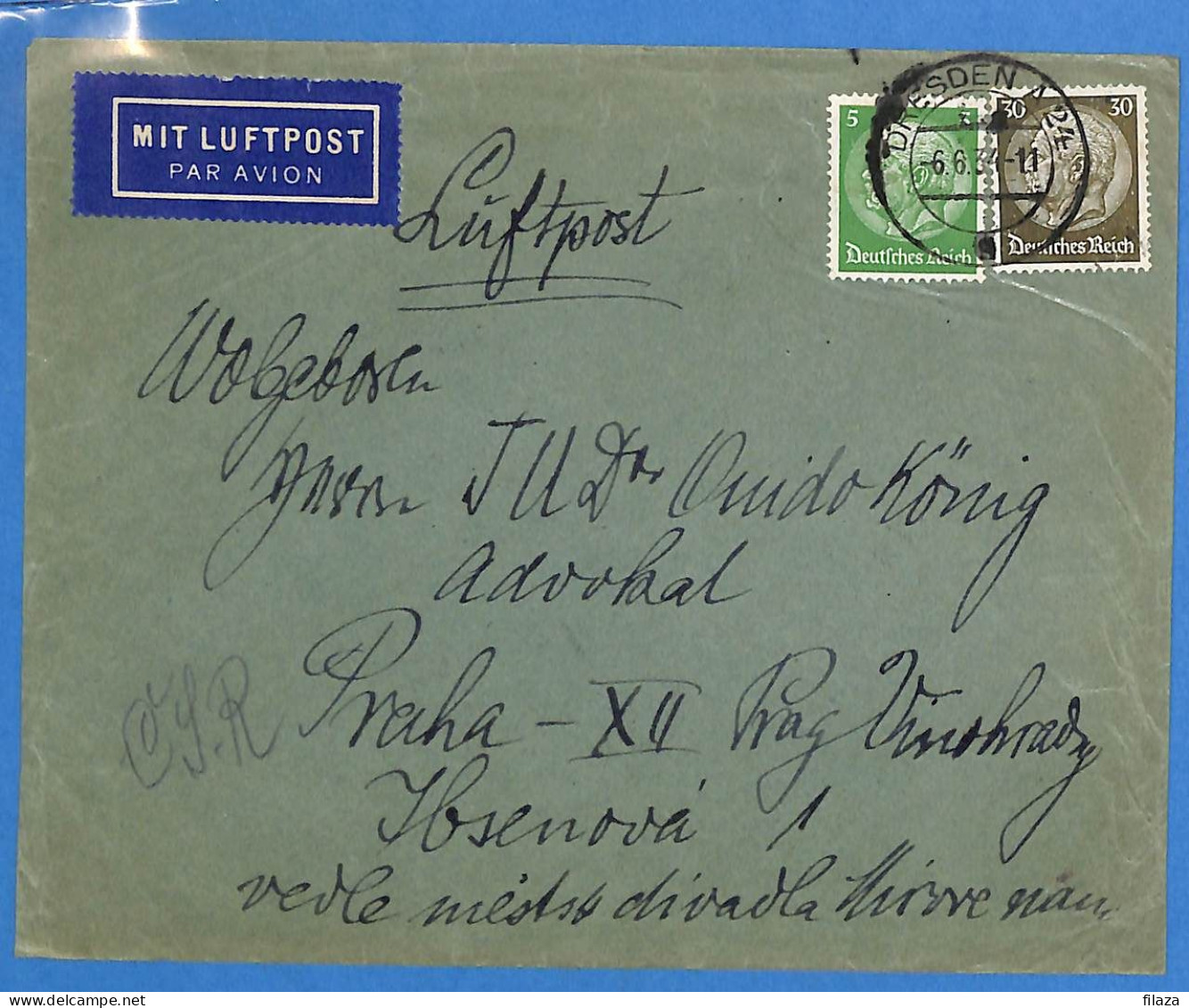 Allemagne Reich 1934 - Lettre Par Avion De Dresden Aux Czech Rep. - G33461 - Briefe U. Dokumente