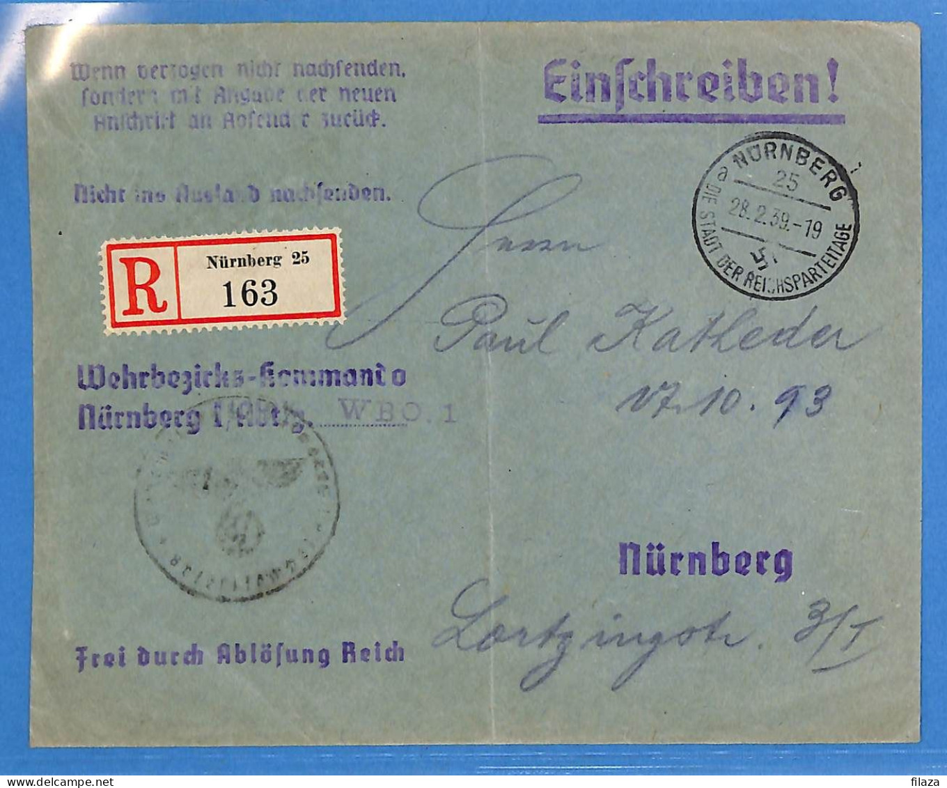 Allemagne Reich 1939 - Lettre Einschreiben De Nurnberg - G33453 - Briefe U. Dokumente