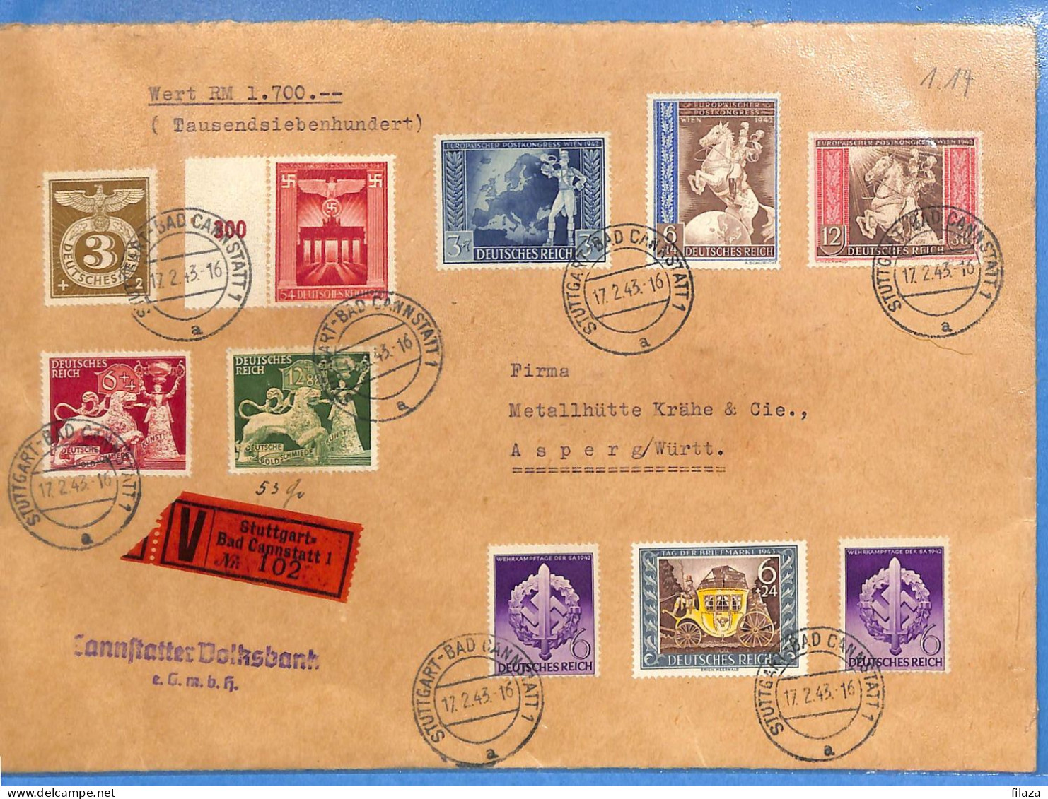 Allemagne Reich 1943 - Lettre Versicherter De Stuttgart - G33449 - Lettres & Documents