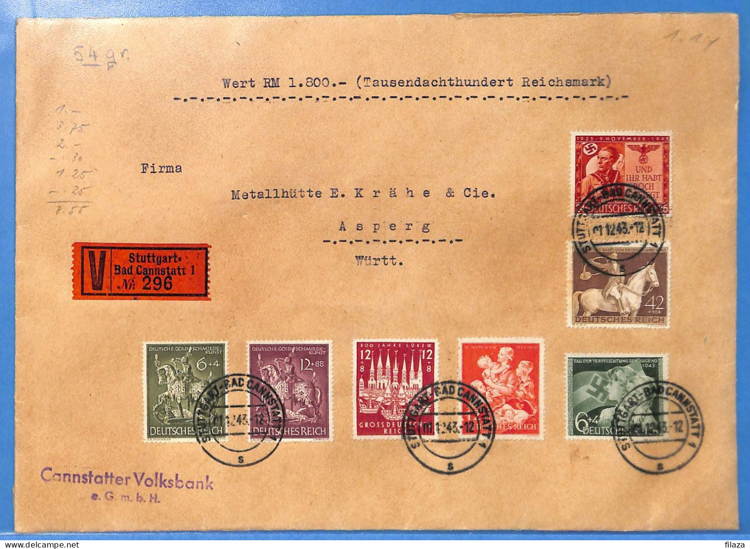 Allemagne Reich 1943 - Lettre Versicherter De Stuttgart - G33450 - Covers & Documents