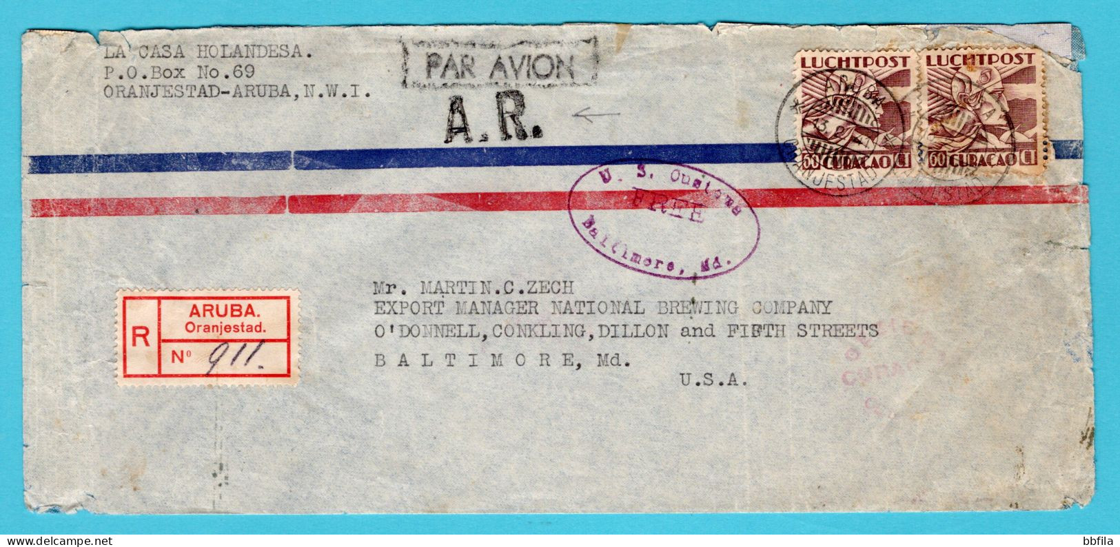 CURAÇAO Luchtpost AR Brief 1941 Oranjestad, Aruba Naar Baltimore, USA -conditie Iets Minder Mooi - Niederländische Antillen, Curaçao, Aruba