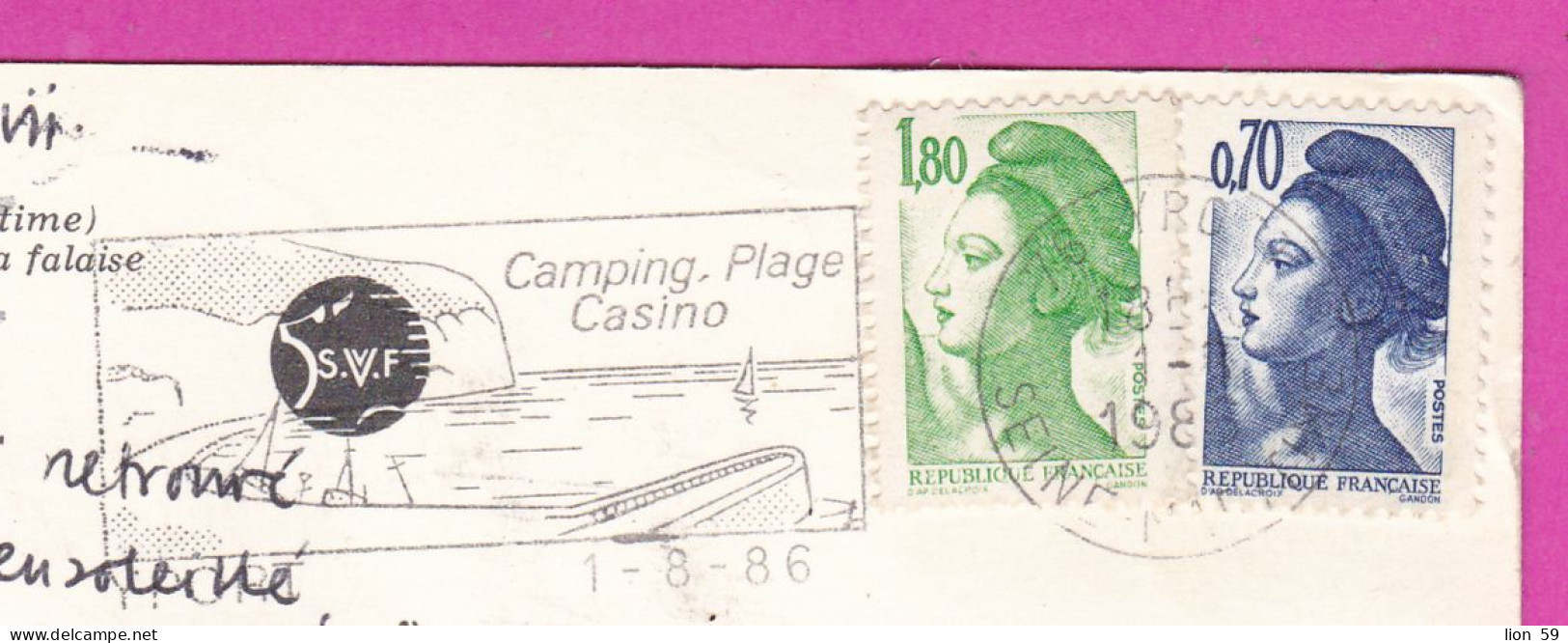 294207 / France - VAUCOTTES (Seine-Maritime) PC 1986 USED 0.70+1.80 Fr. Liberty Of Gandon Flamme Yport Camping Plage Cas - 1982-1990 Liberté (Gandon)