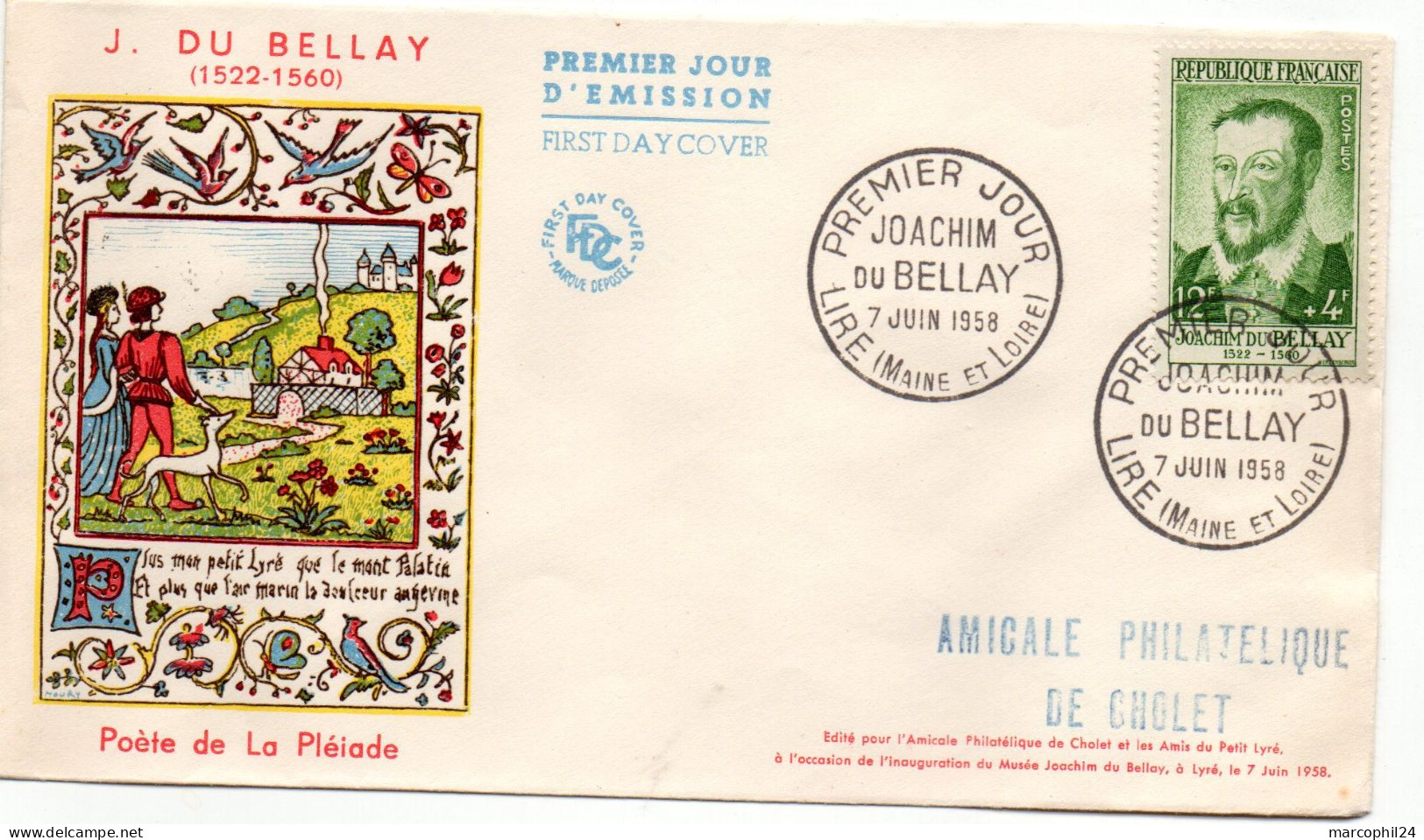 ECRIVAIN / JOACHIM Du BELLAY = 45 LIRE 1958 = CACHET PREMIER JOUR N° 1166 Sur ENVELOPPE Illustrée + Cachet AMICALE - Schriftsteller
