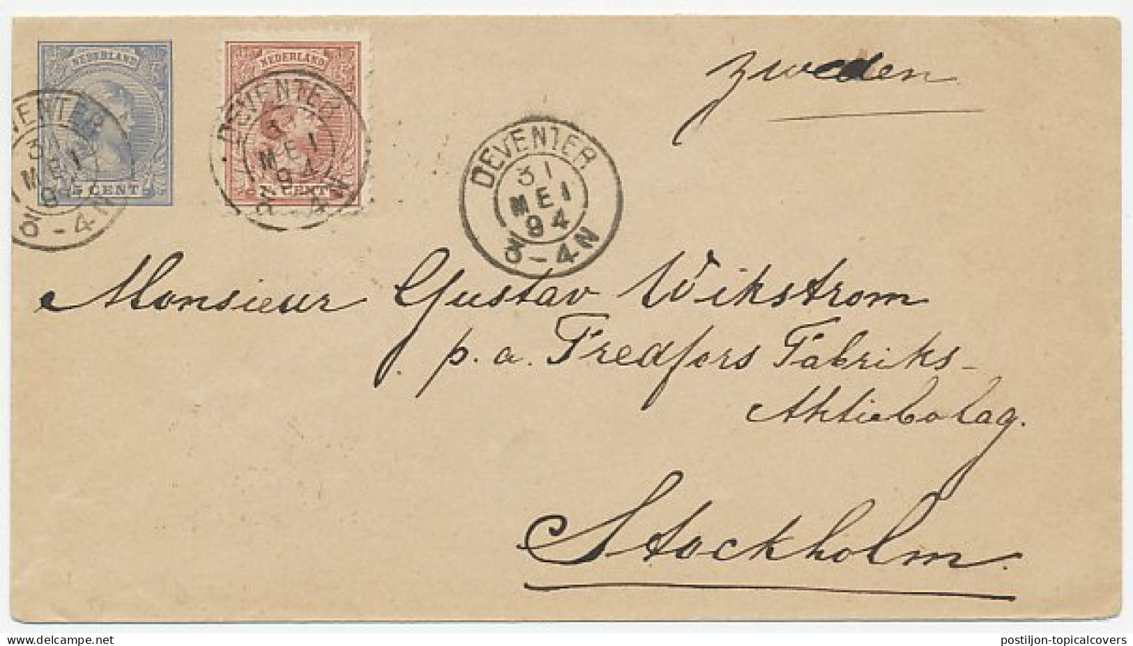 Envelop G. 5 / Bijfrankering Deventer - Zweden 1894 - Postal Stationery