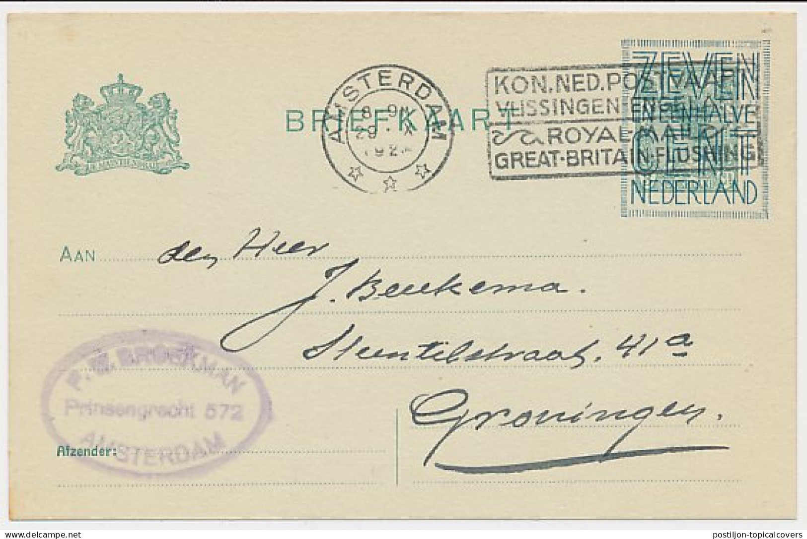 Briefkaart G. 130 A II Amsterdam - Groningen 1924 - Postal Stationery