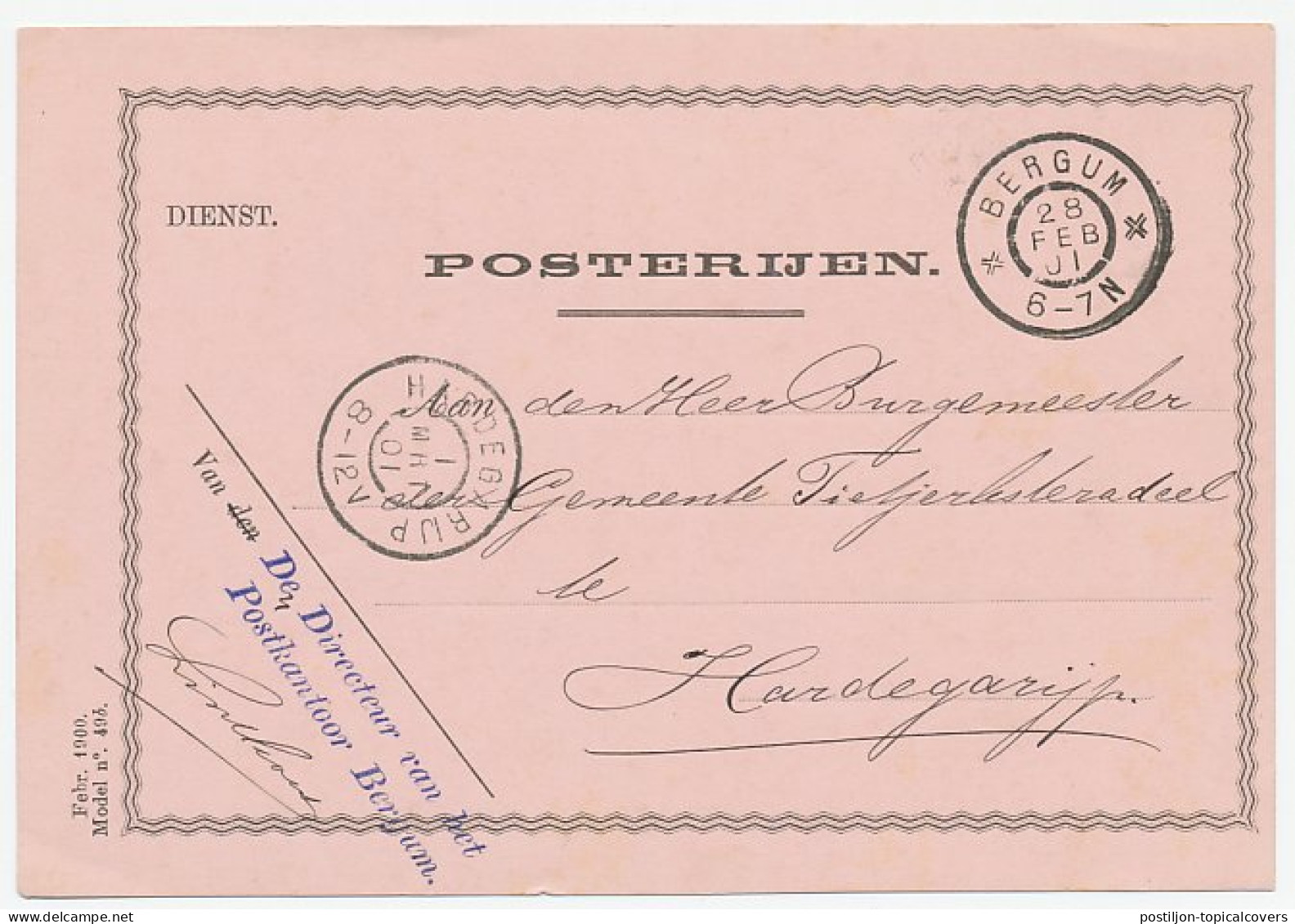 Dienst Posterijen Bergum - Hardegarijp 1901 - Sin Clasificación