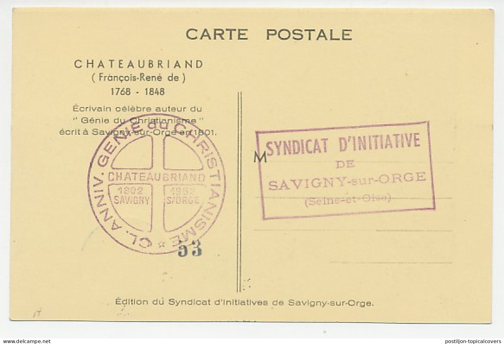 Maximum Card France 1952 F.R. De Chateaubriand - Writers