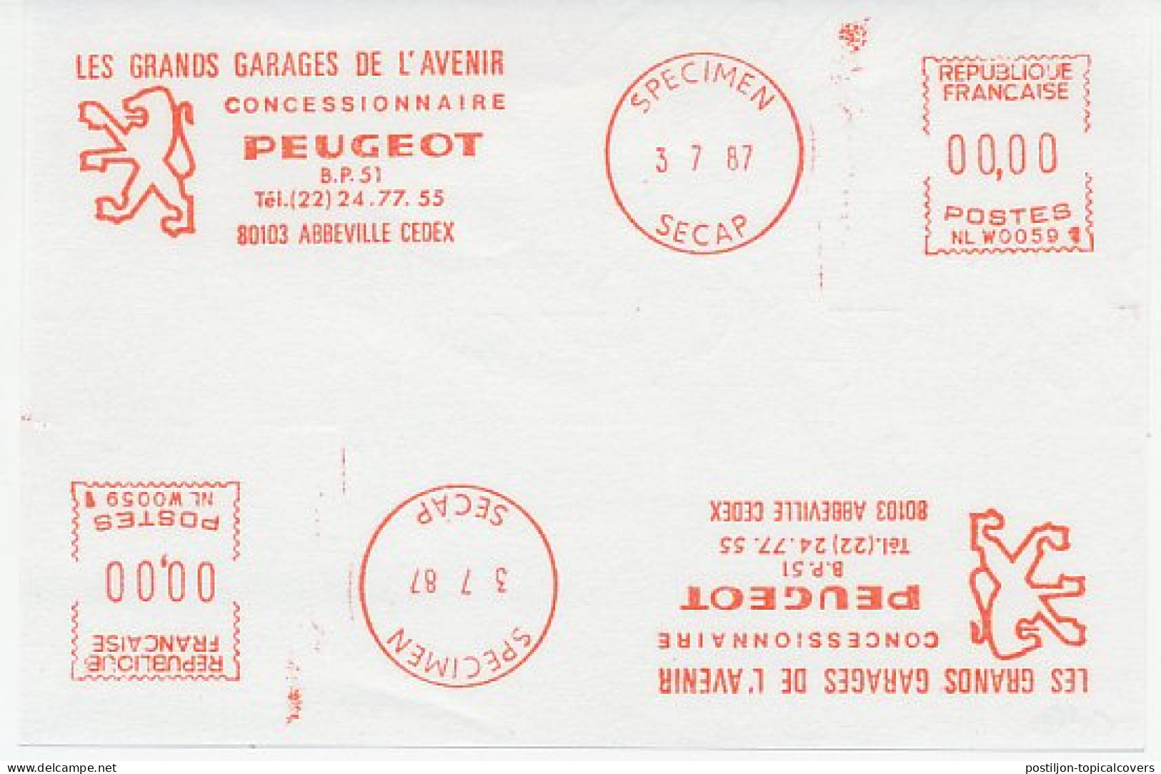 Specimen Meter Sheet France 1987 Car - Peugeot  - Autos